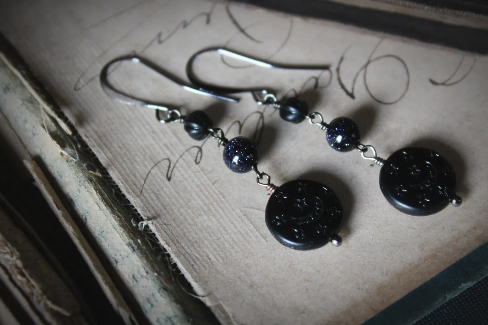 The Night Sky Collection | Dark of the Night. Blue Goldstone & Vintage Acrylic Earrings.