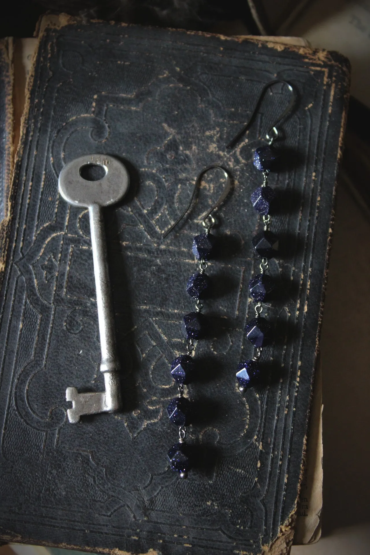 The Night Sky Collection | Galaxy. Linear Blue Goldstone Earrings.
