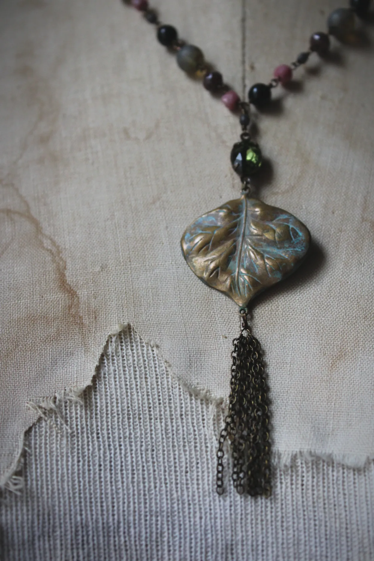 The Sacred Grove | Flourish. Beaded Antiqued Brass Tassel Necklace.
