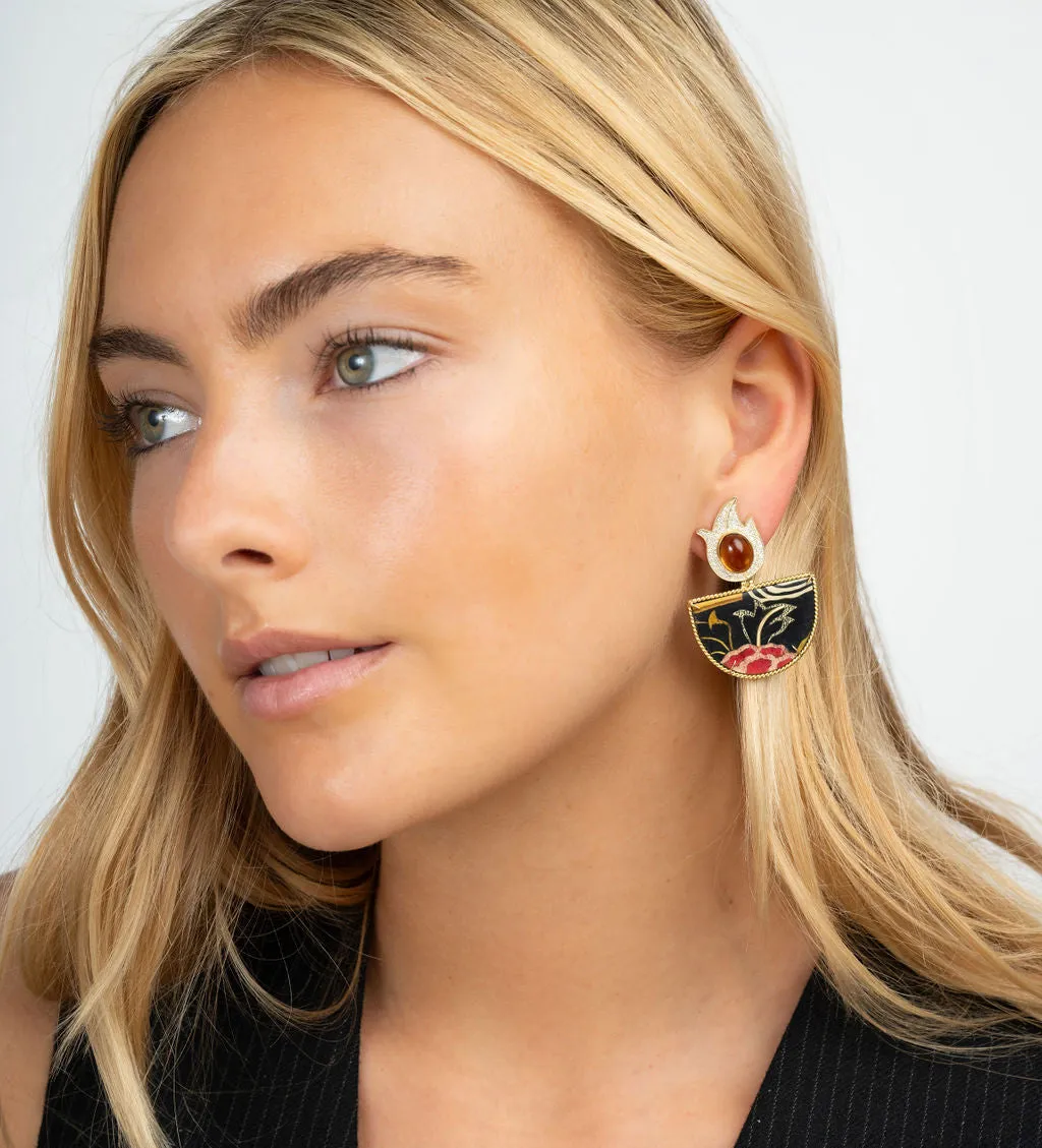 Tibetan Rose Half Moon Marquetry Earrings