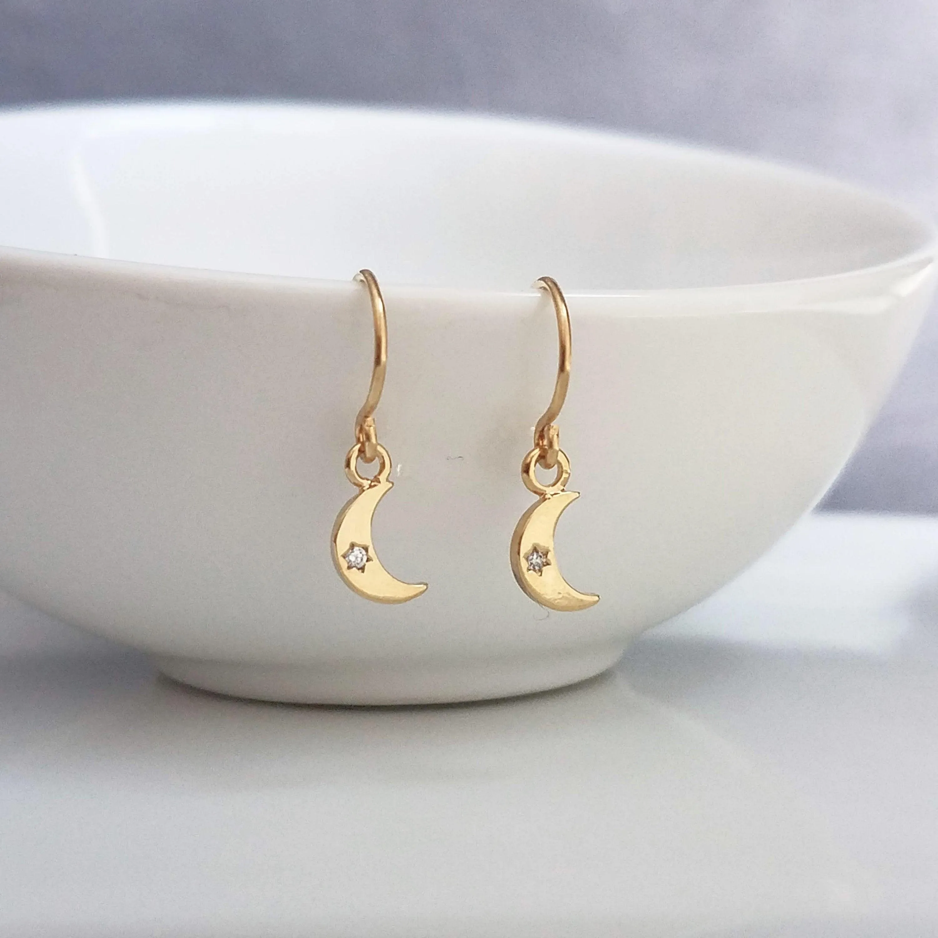 Tiny Gold Moon Earrings, gold crescent moon earring, small moon earring, gold moon dangle, night sky earring, celestial earring, CZ moon