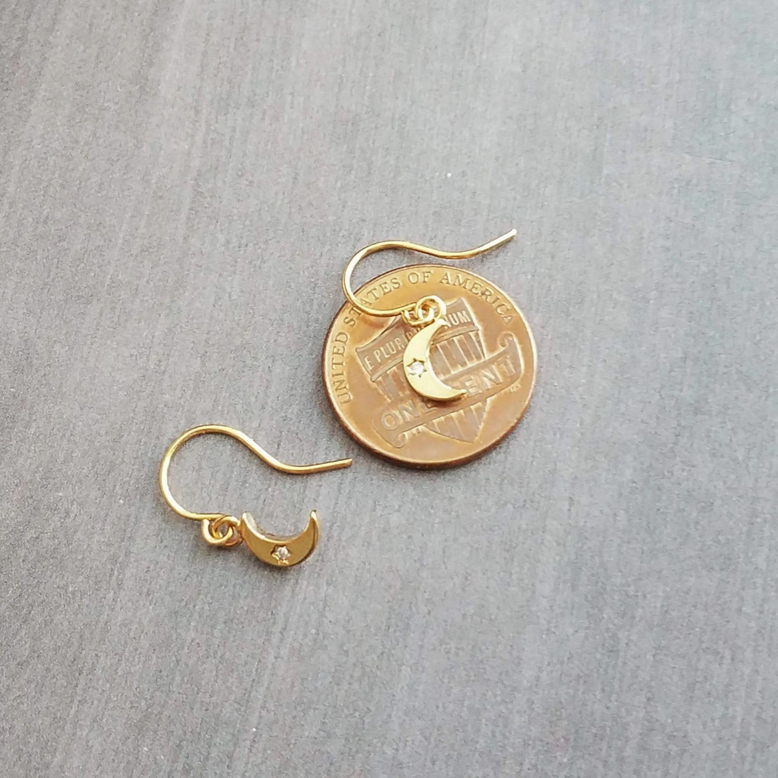 Tiny Gold Moon Earrings, gold crescent moon earring, small moon earring, gold moon dangle, night sky earring, celestial earring, CZ moon