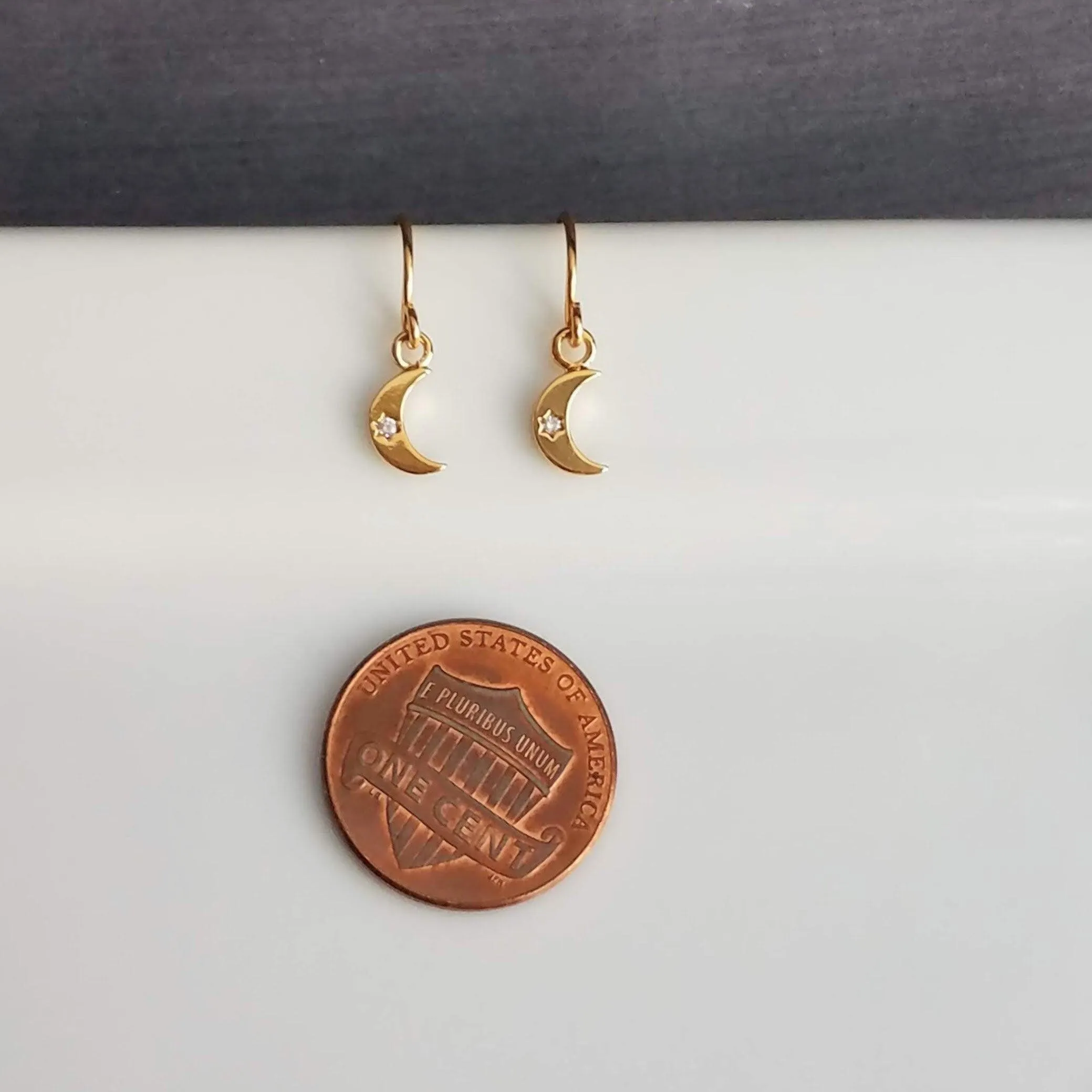 Tiny Gold Moon Earrings, gold crescent moon earring, small moon earring, gold moon dangle, night sky earring, celestial earring, CZ moon