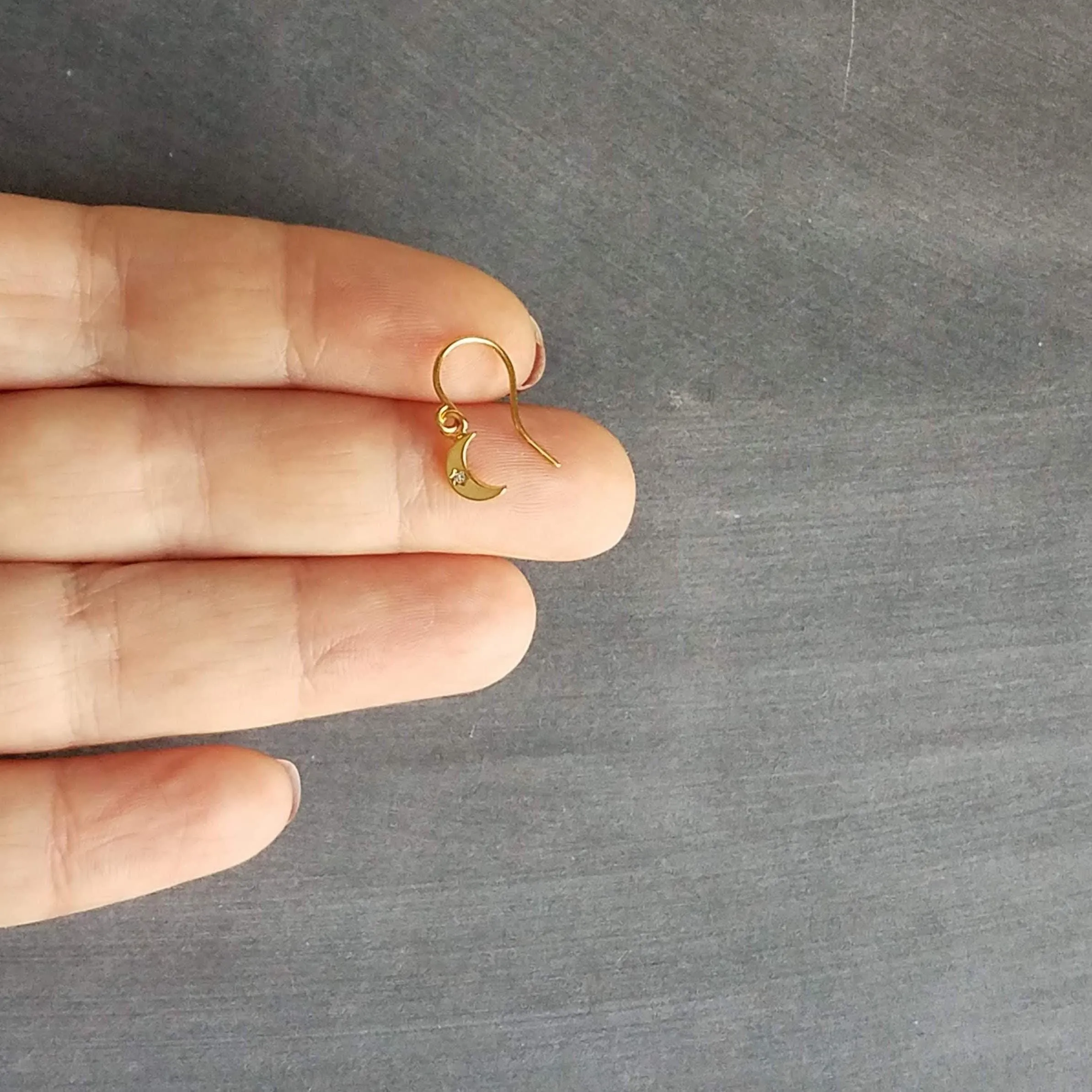 Tiny Gold Moon Earrings, gold crescent moon earring, small moon earring, gold moon dangle, night sky earring, celestial earring, CZ moon