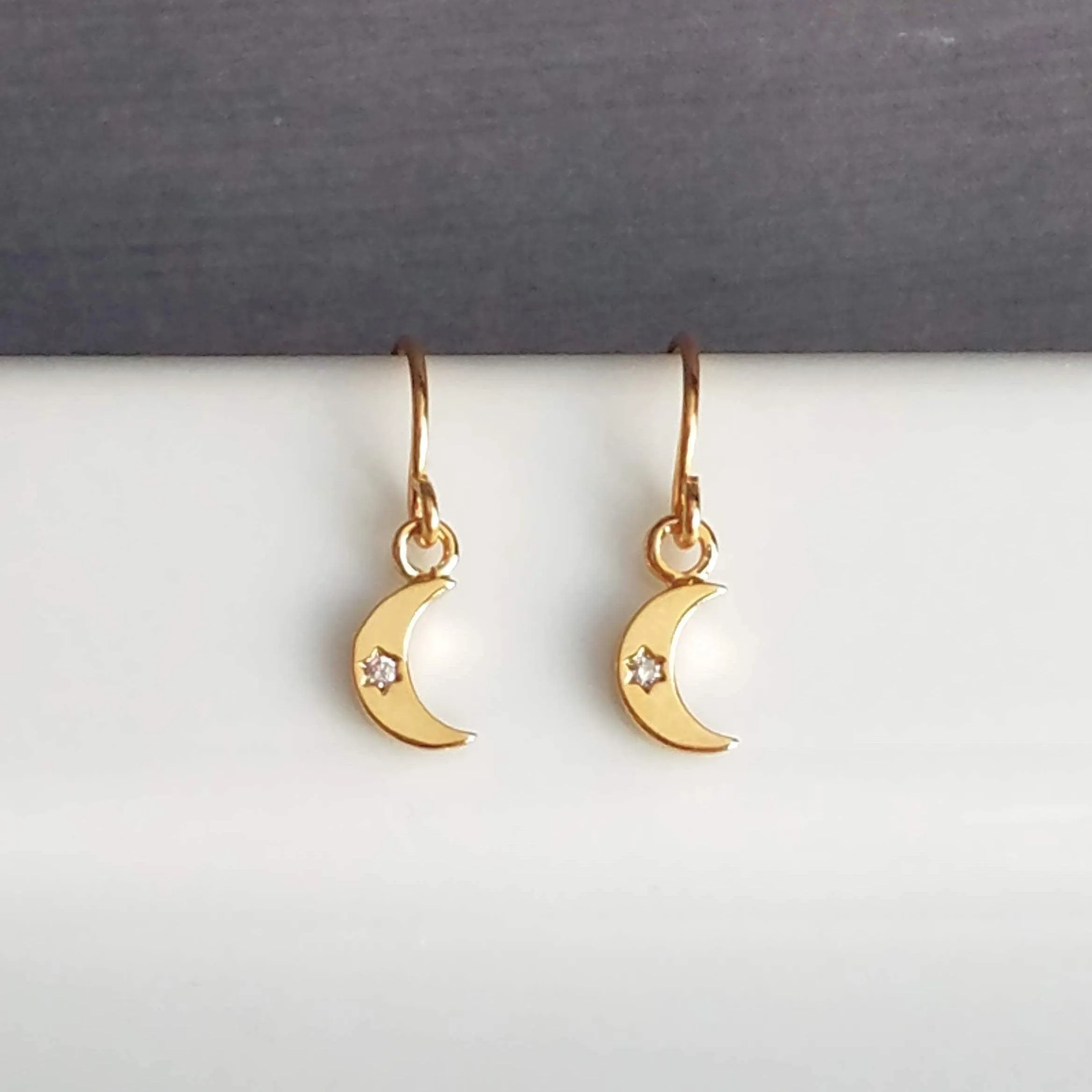 Tiny Gold Moon Earrings, gold crescent moon earring, small moon earring, gold moon dangle, night sky earring, celestial earring, CZ moon
