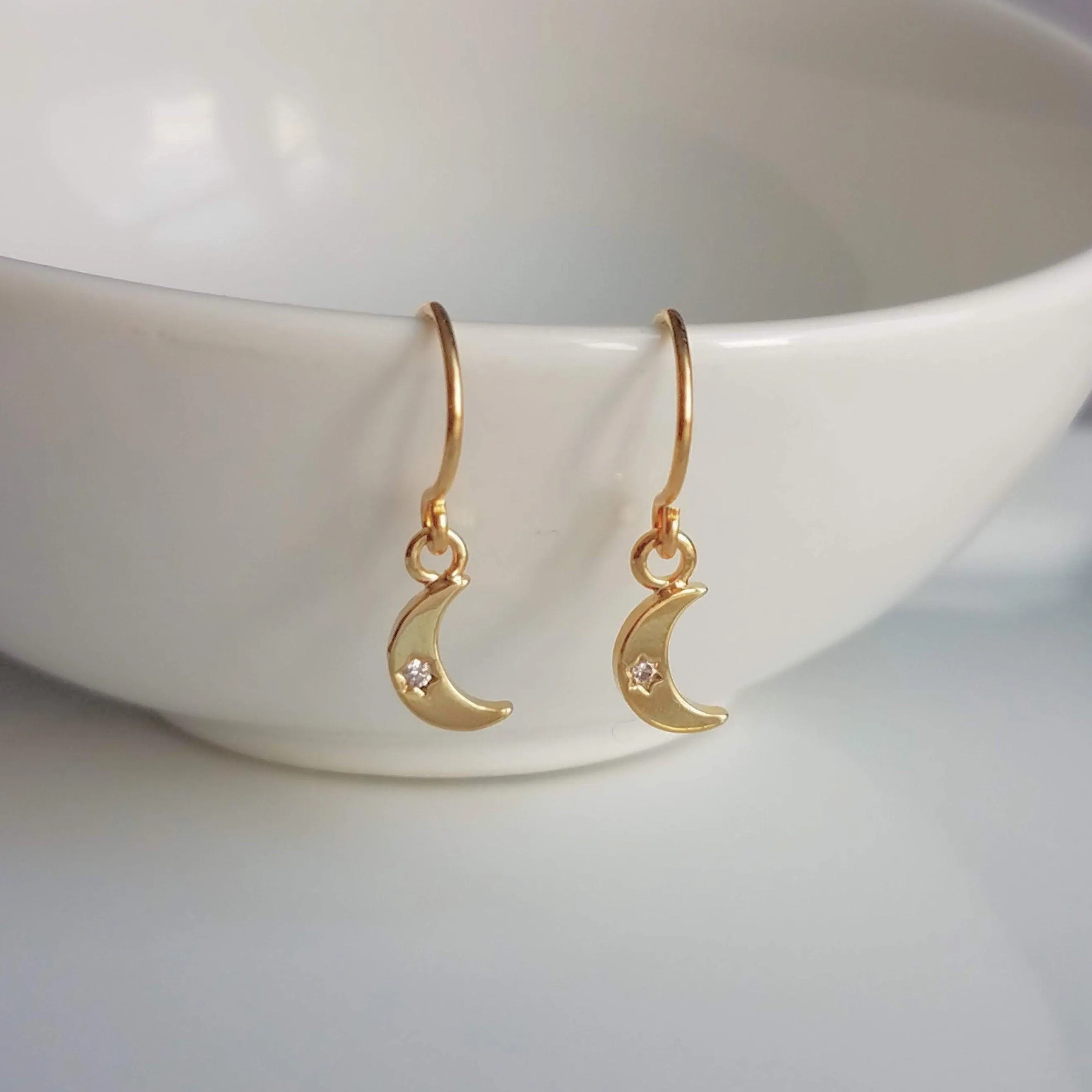 Tiny Gold Moon Earrings, gold crescent moon earring, small moon earring, gold moon dangle, night sky earring, celestial earring, CZ moon