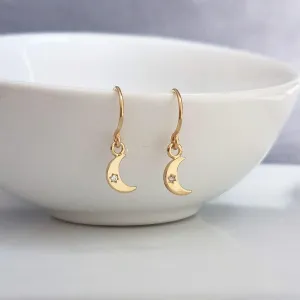 Tiny Gold Moon Earrings, gold crescent moon earring, small moon earring, gold moon dangle, night sky earring, celestial earring, CZ moon