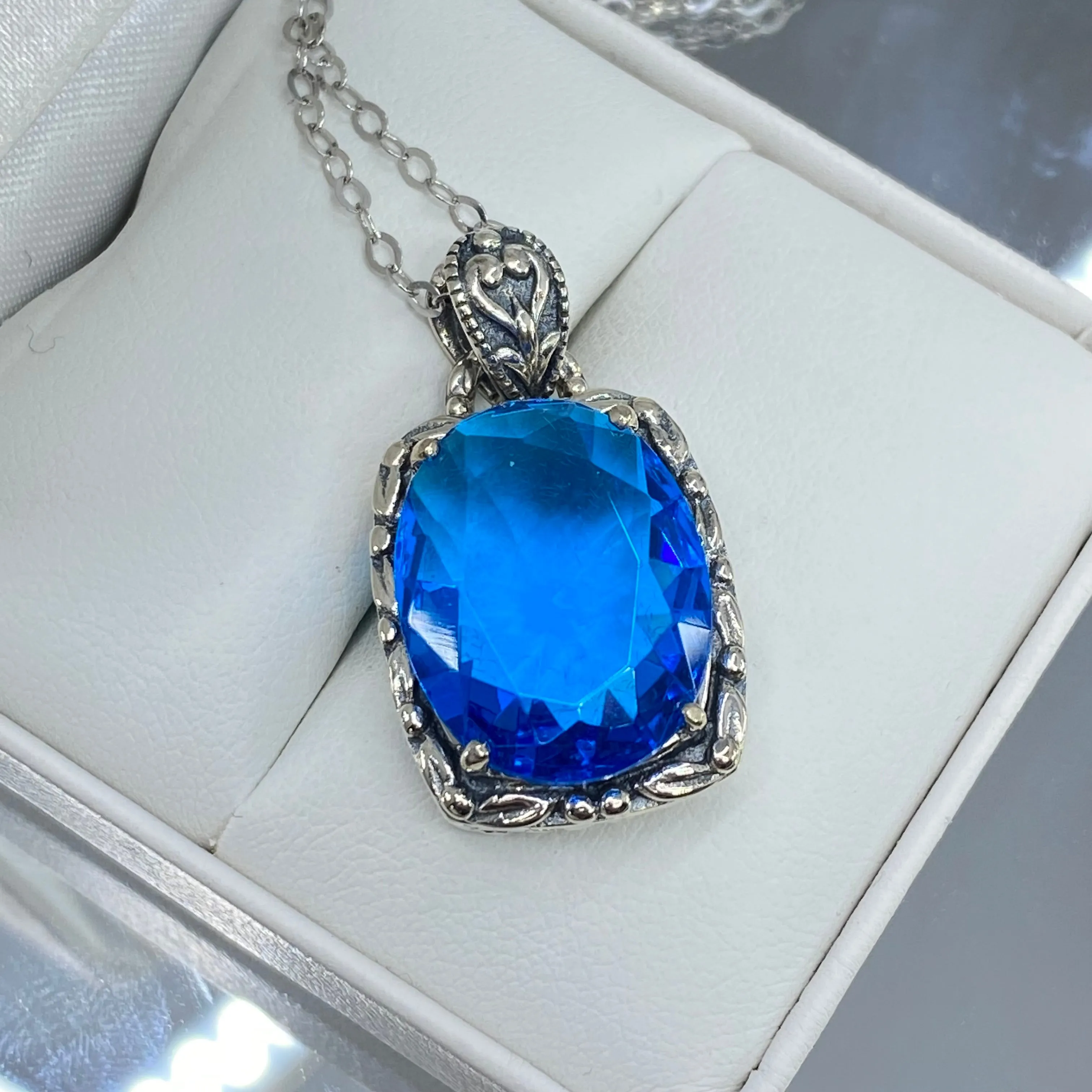 Topaz Pendant, Swiss Blue Art Nouveau Necklace #P120