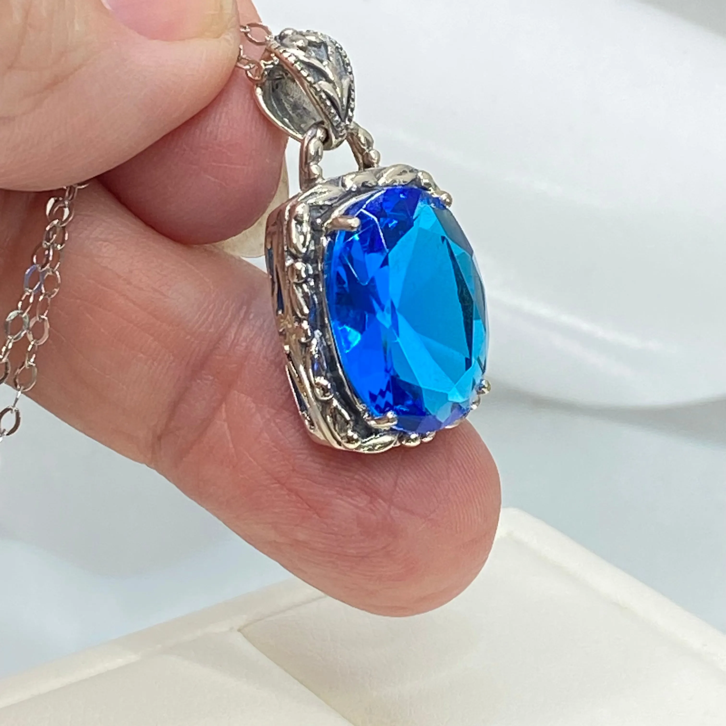 Topaz Pendant, Swiss Blue Art Nouveau Necklace #P120