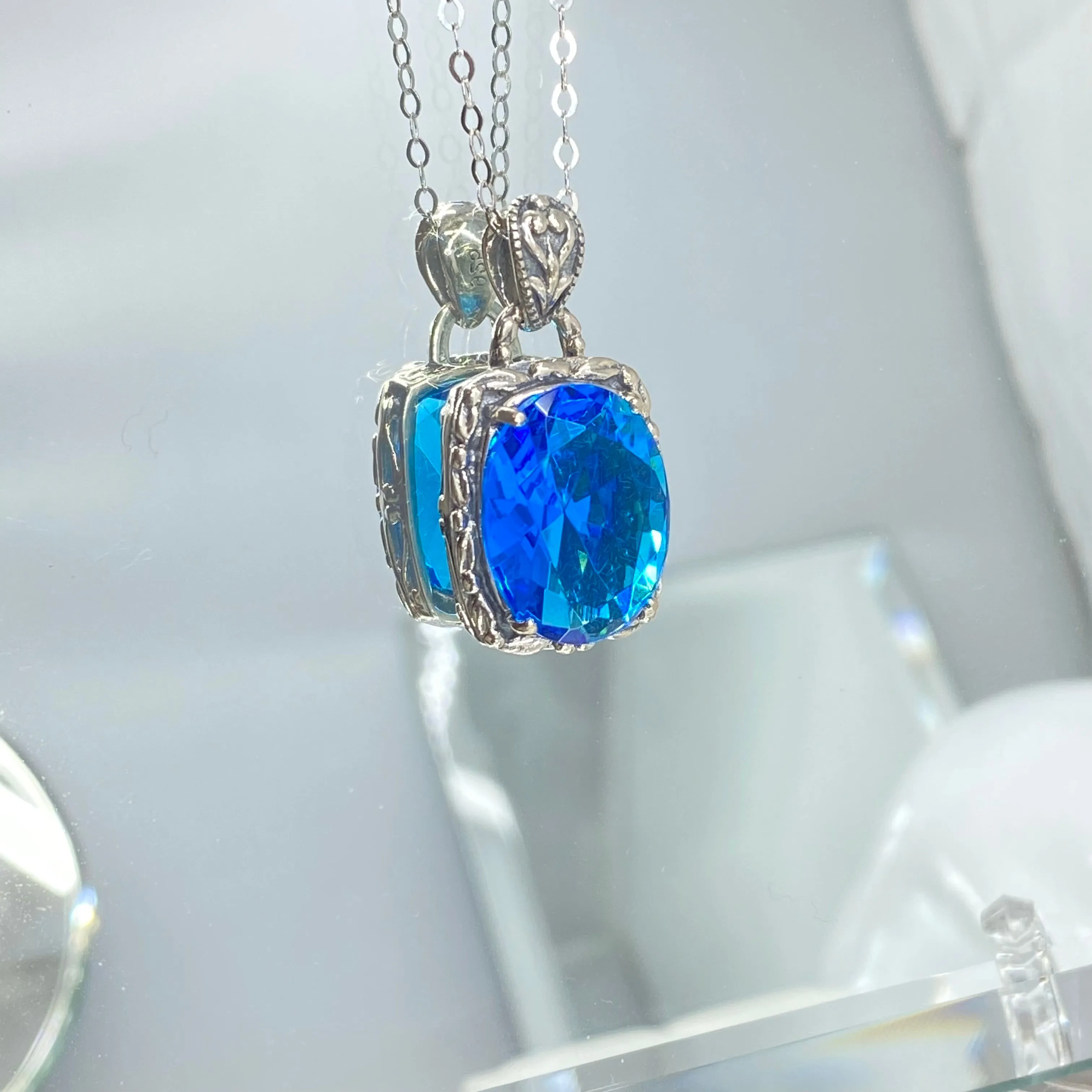 Topaz Pendant, Swiss Blue Art Nouveau Necklace #P120