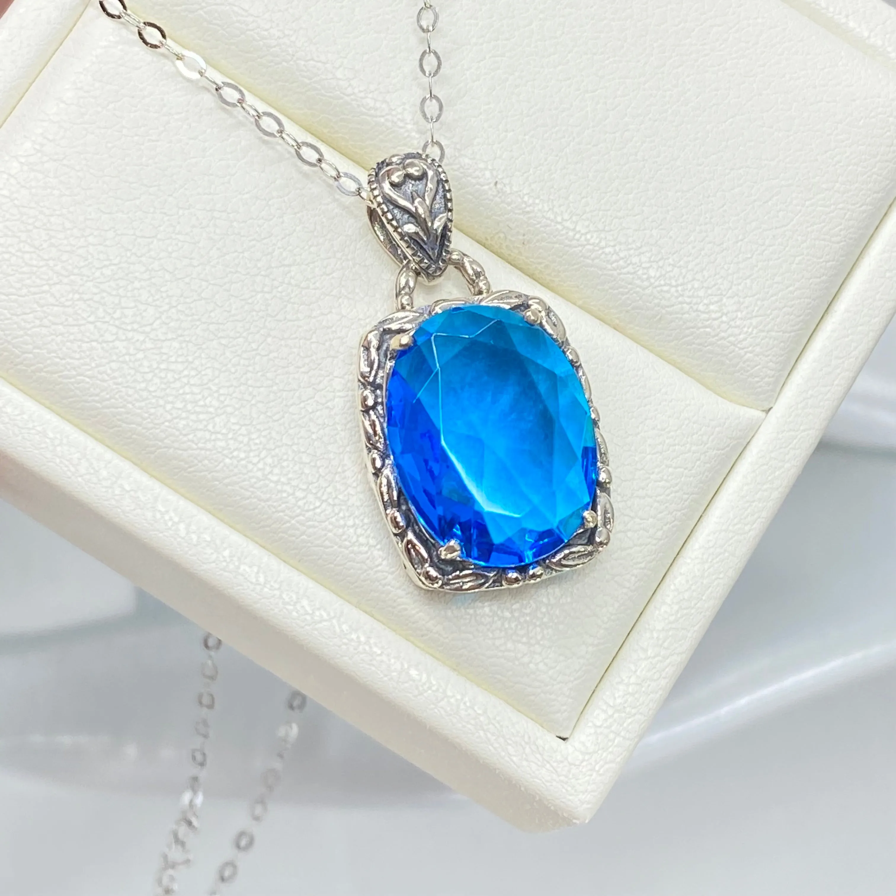 Topaz Pendant, Swiss Blue Art Nouveau Necklace #P120