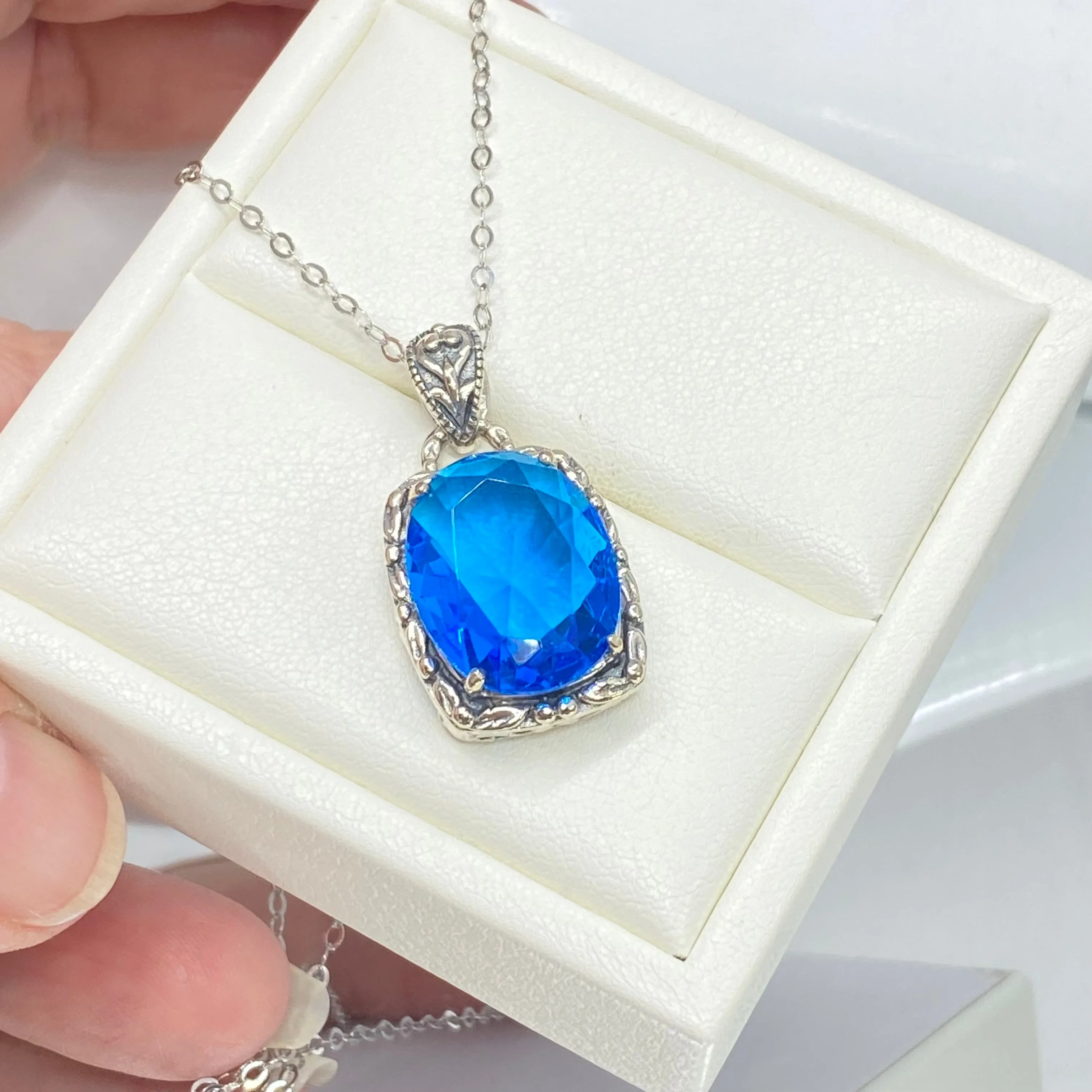 Topaz Pendant, Swiss Blue Art Nouveau Necklace #P120