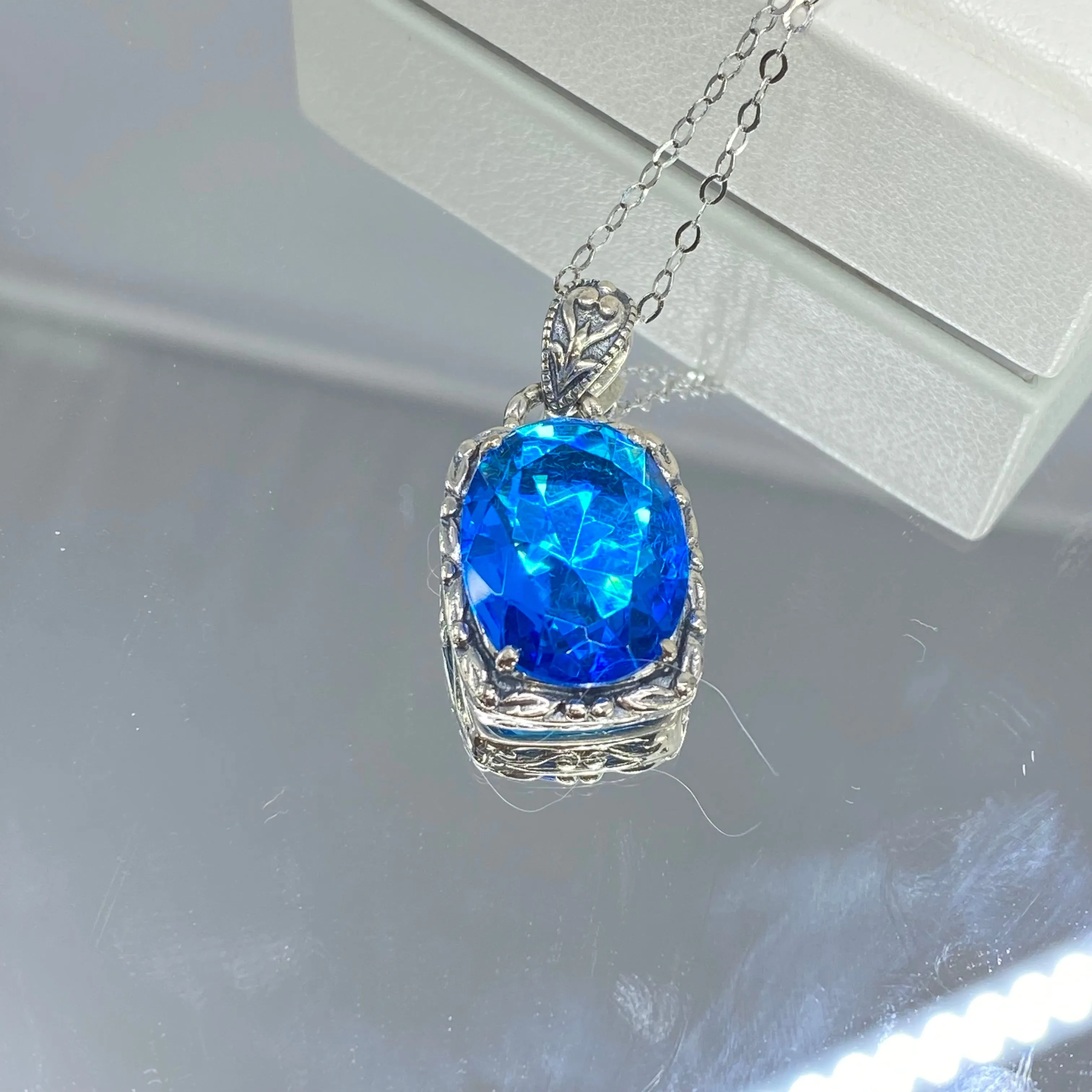 Topaz Pendant, Swiss Blue Art Nouveau Necklace #P120