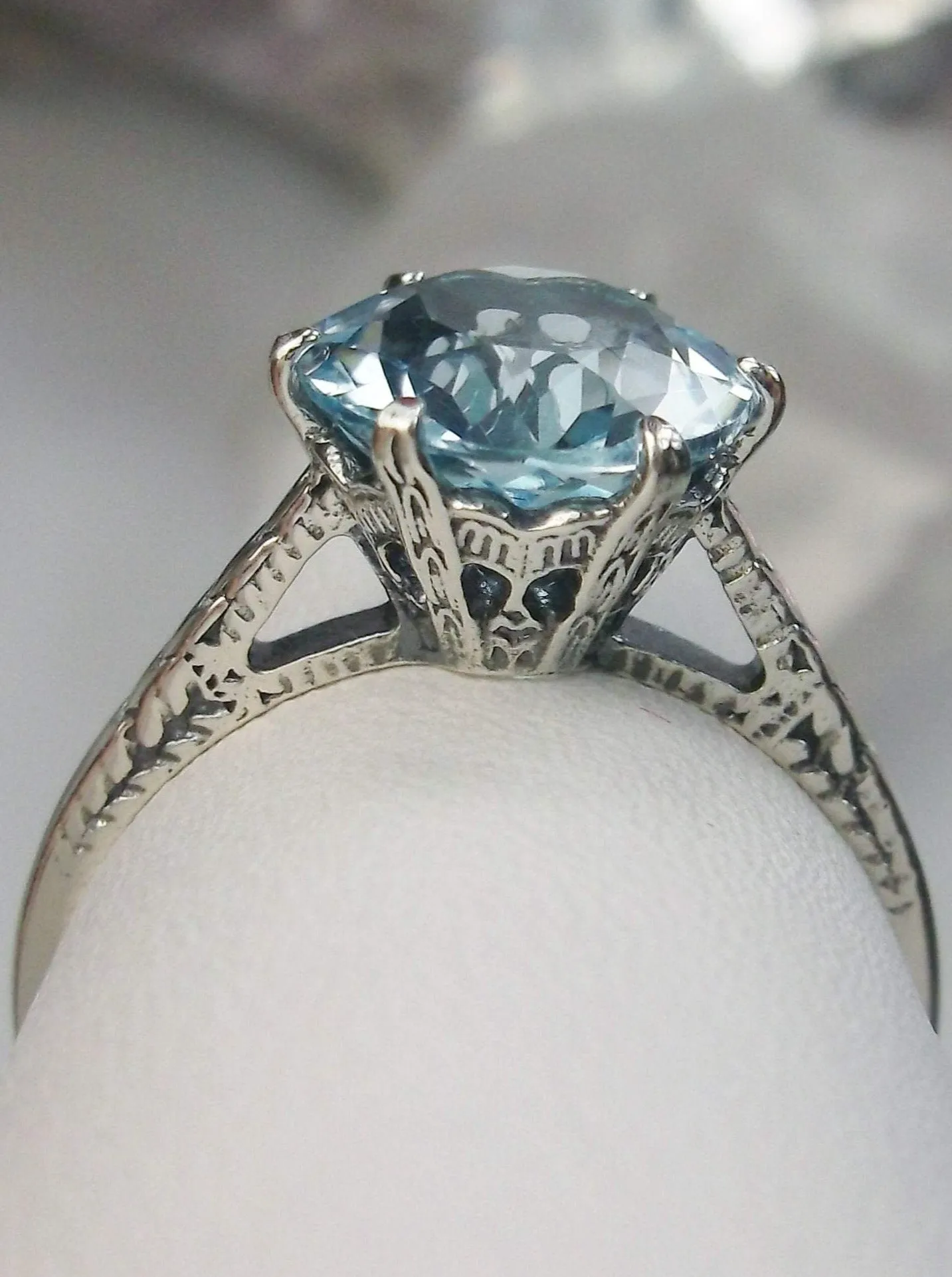 Topaz Ring, Natural Blue Gemstone Solitaire, Classic Victorian Jewelry #D37z