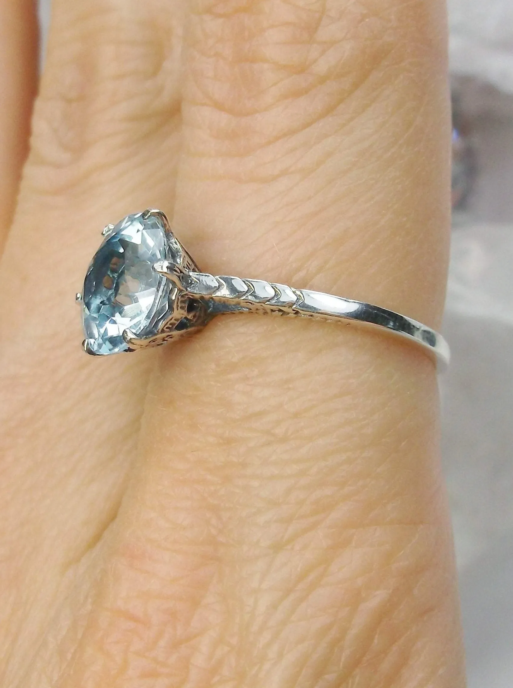 Topaz Ring, Natural Blue Gemstone Solitaire, Classic Victorian Jewelry #D37z