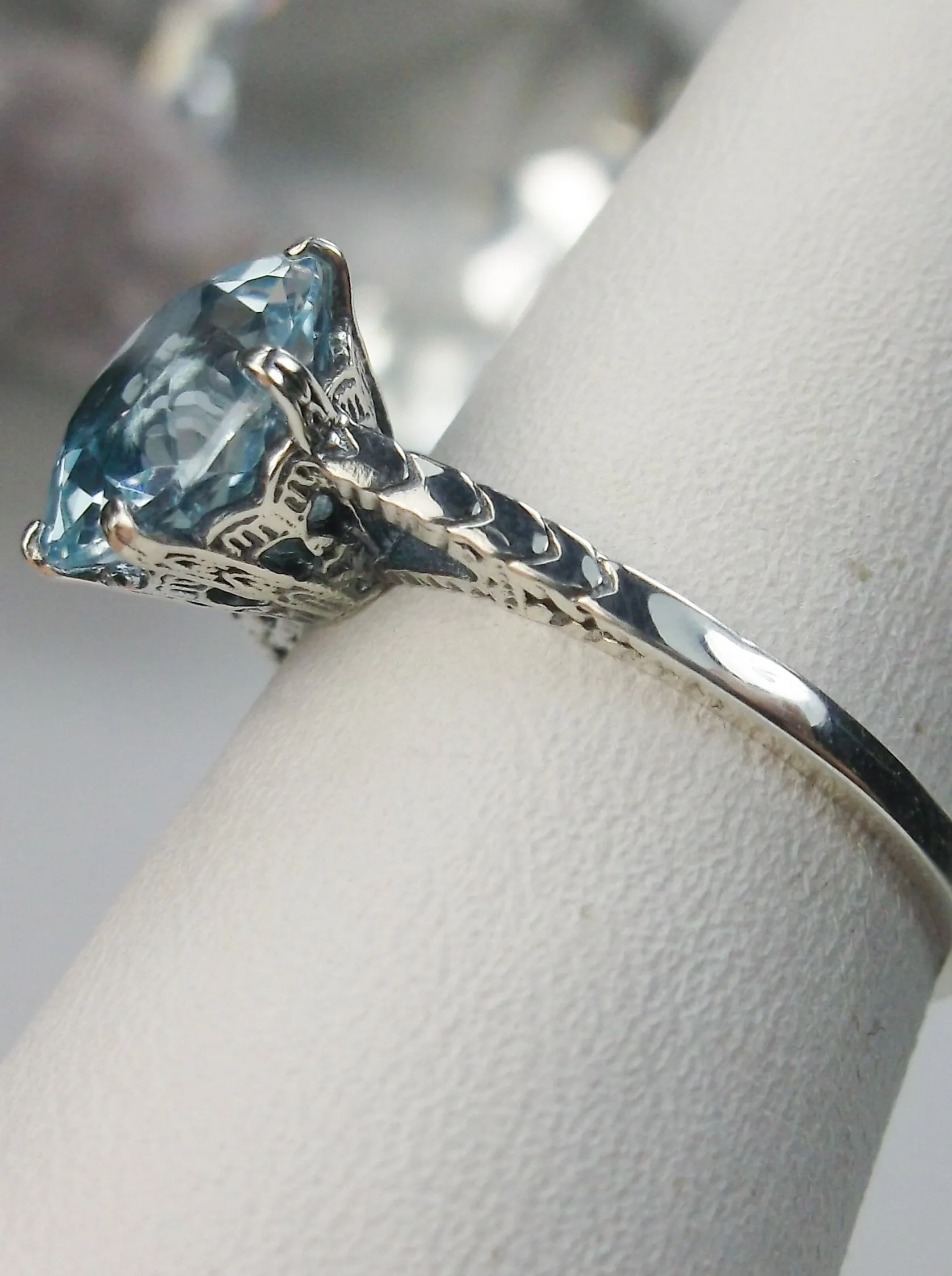 Topaz Ring, Natural Blue Gemstone Solitaire, Classic Victorian Jewelry #D37z