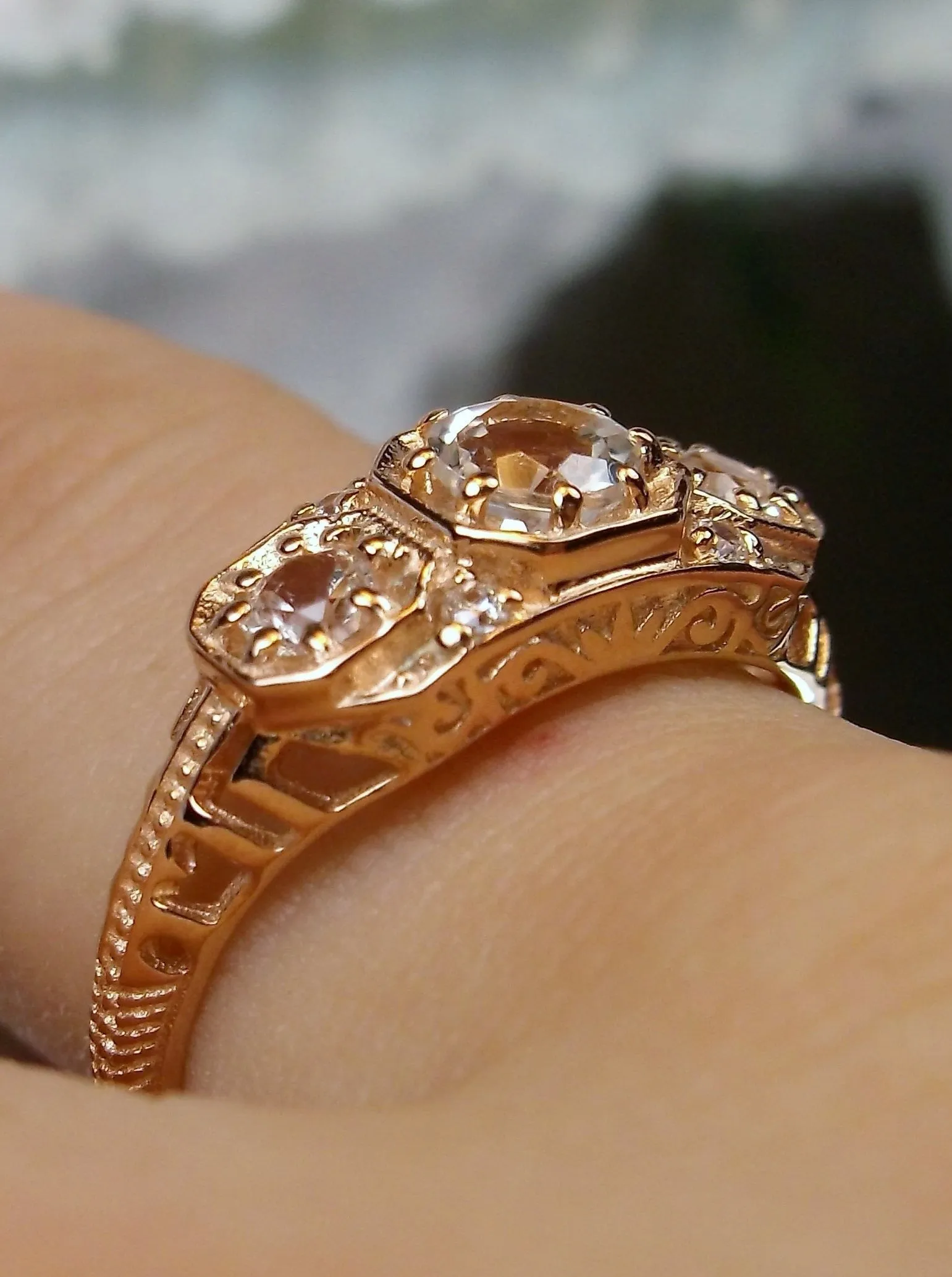 Topaz Ring, Natural White Topaz, Rose Gold, Art Deco Jewelry#D161