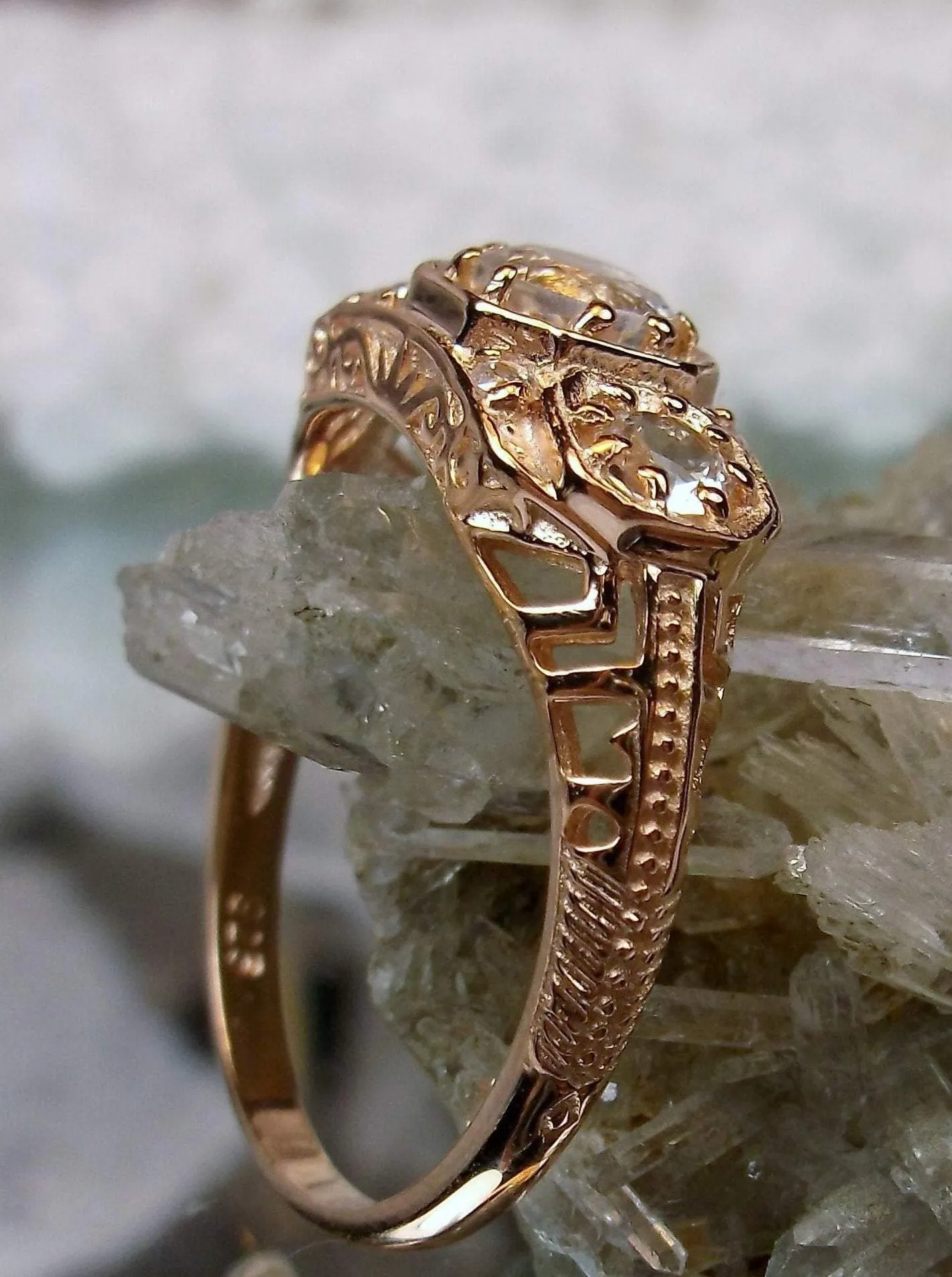 Topaz Ring, Natural White Topaz, Rose Gold, Art Deco Jewelry#D161