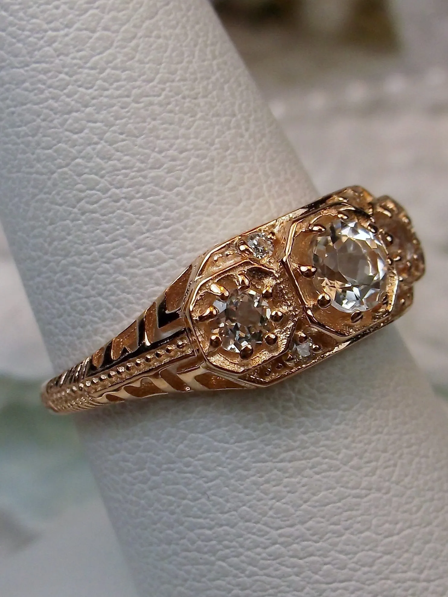 Topaz Ring, Natural White Topaz, Rose Gold, Art Deco Jewelry#D161