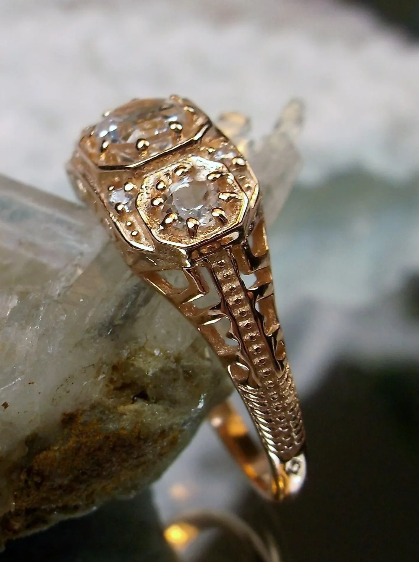 Topaz Ring, Natural White Topaz, Rose Gold, Art Deco Jewelry#D161