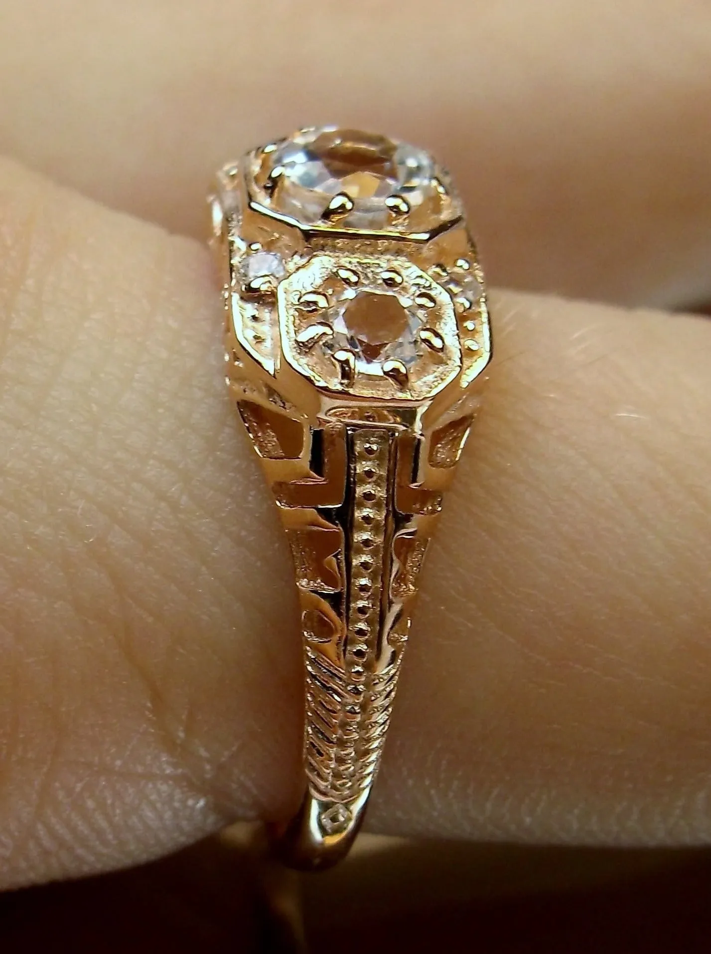 Topaz Ring, Natural White Topaz, Rose Gold, Art Deco Jewelry#D161