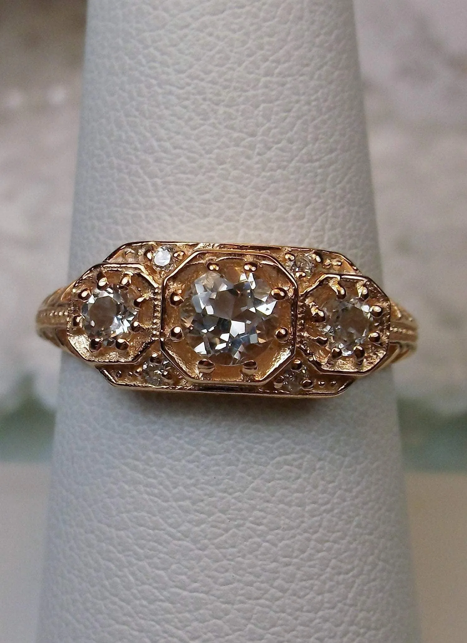 Topaz Ring, Natural White Topaz, Rose Gold, Art Deco Jewelry#D161