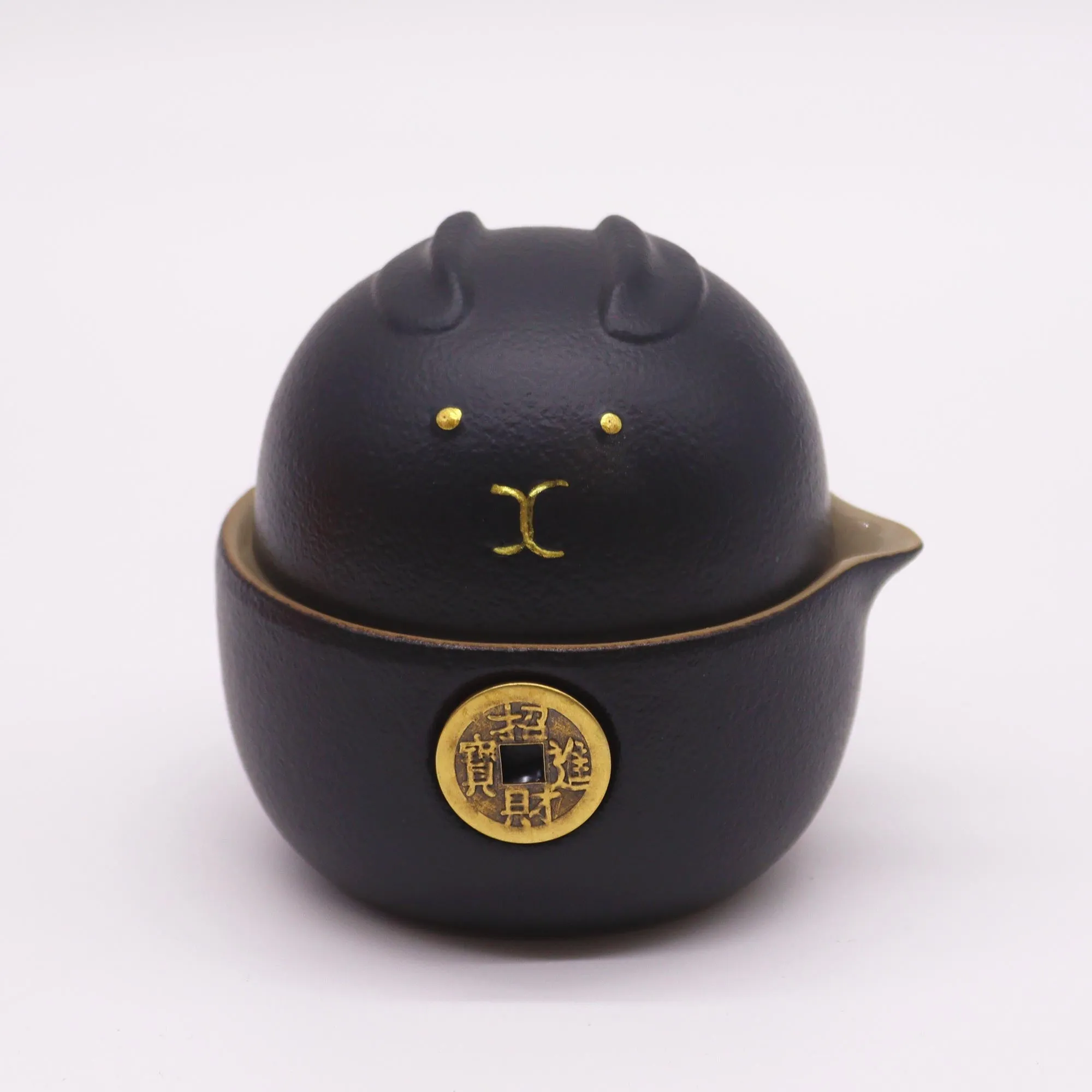 Travel Tea Set Money Cat - Two Cups - Black