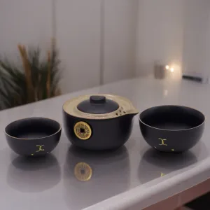 Travel Tea Set Money Cat - Two Cups - Black