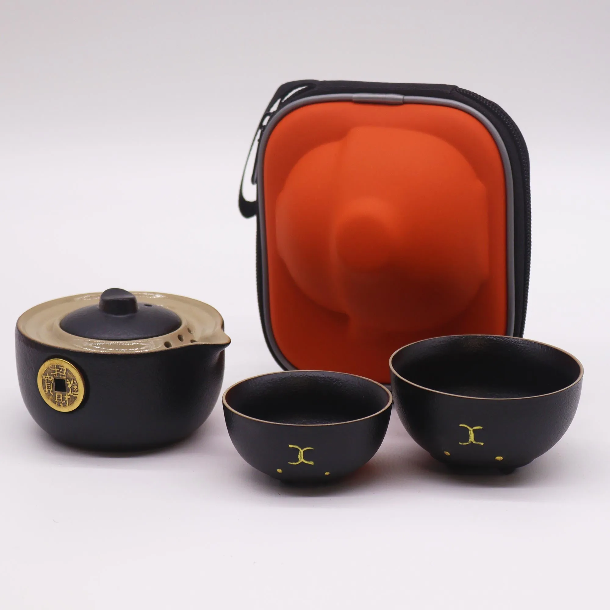 Travel Tea Set Money Cat - Two Cups - Black