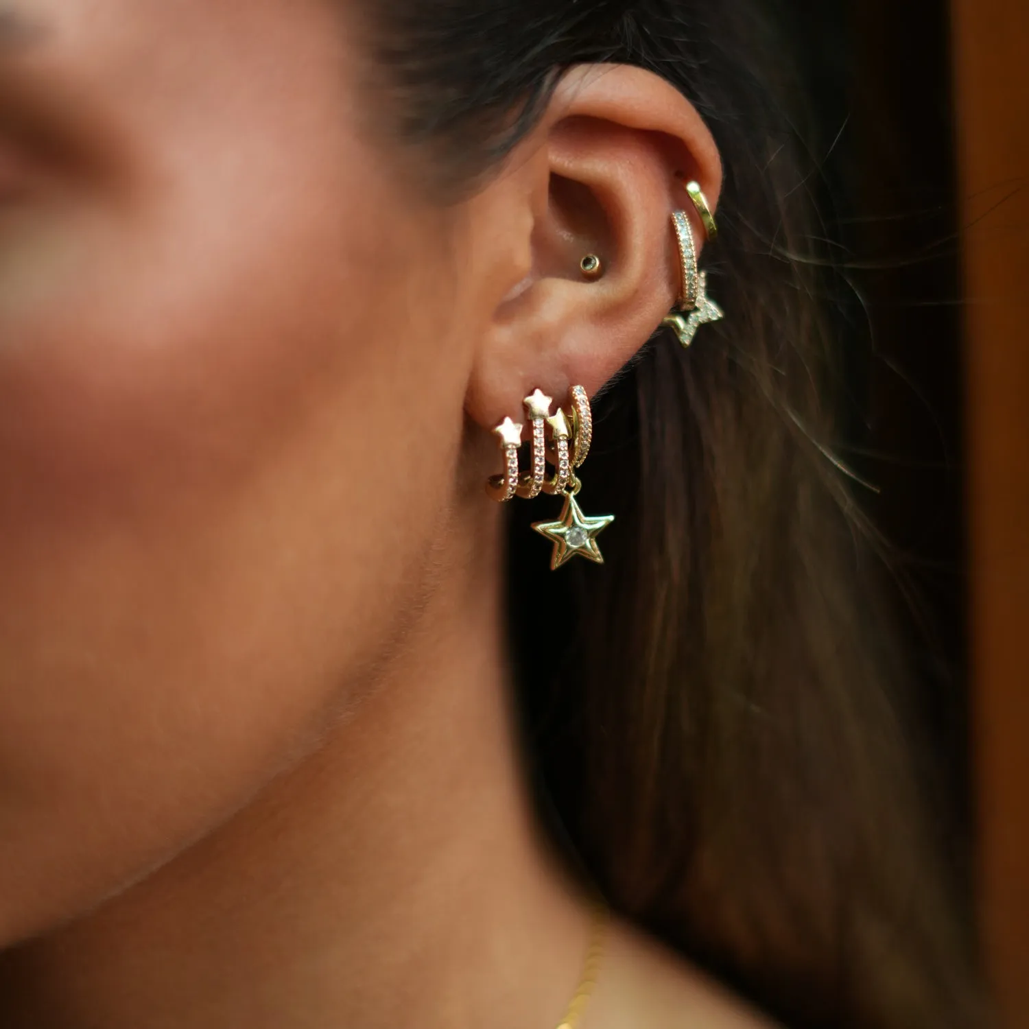 Trio Gold & Diamond Sparkly Star Earrings