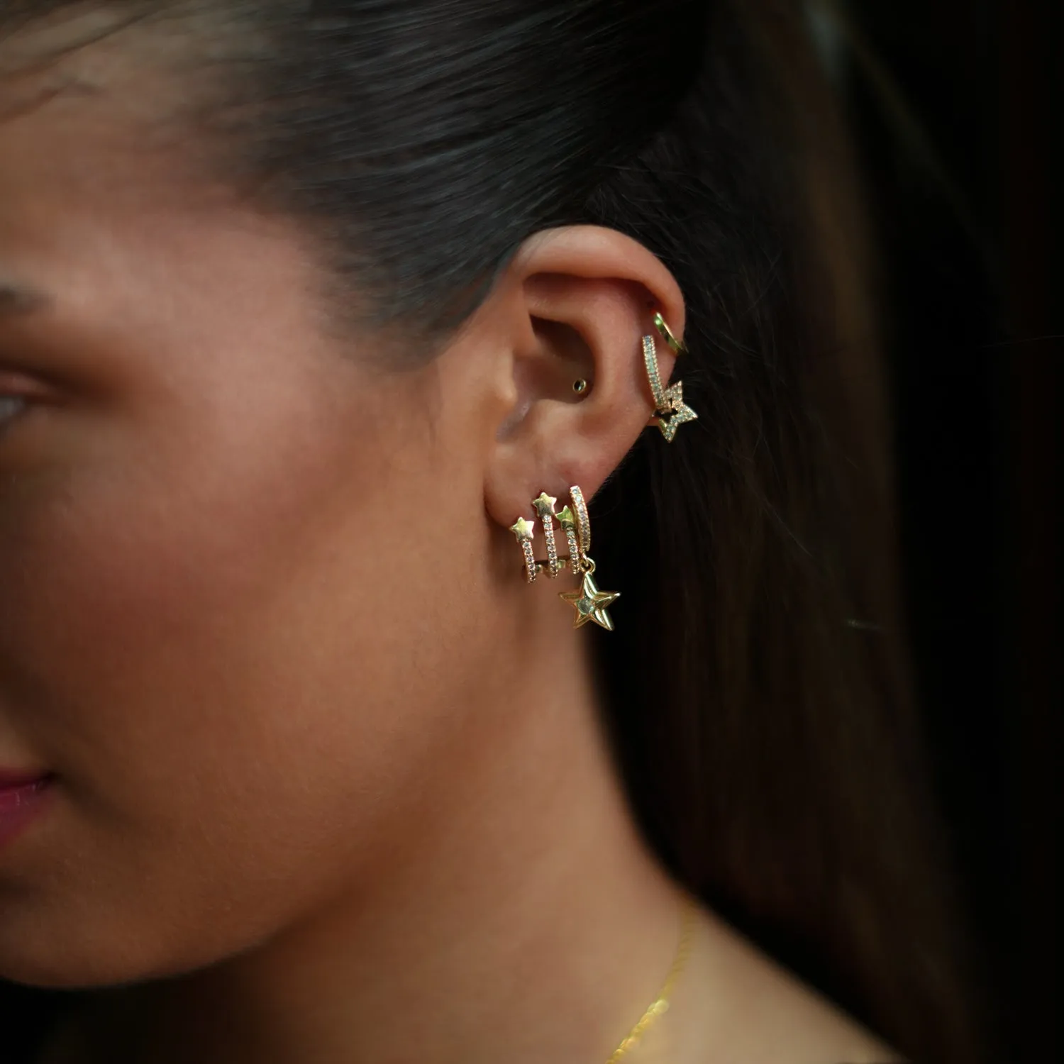 Trio Gold & Diamond Sparkly Star Earrings