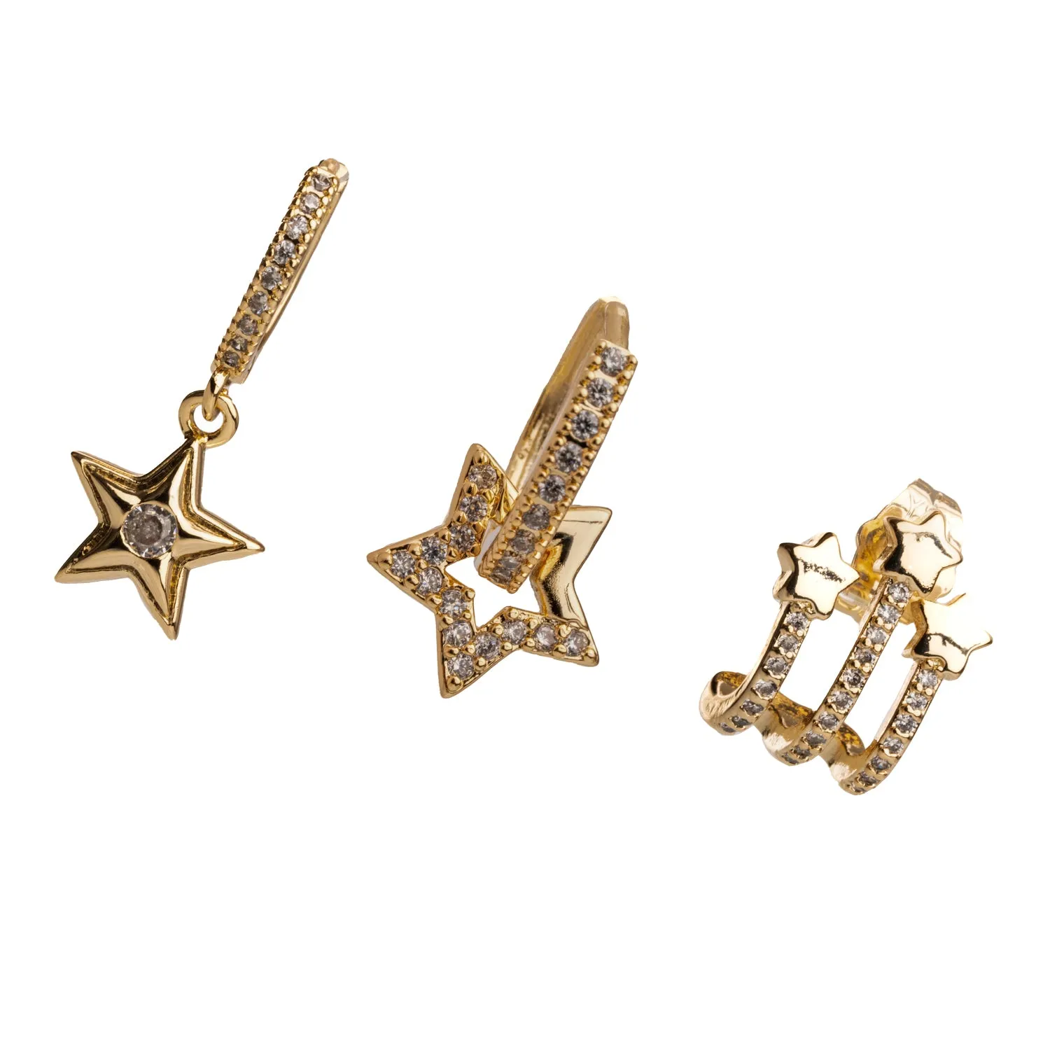 Trio Gold & Diamond Sparkly Star Earrings