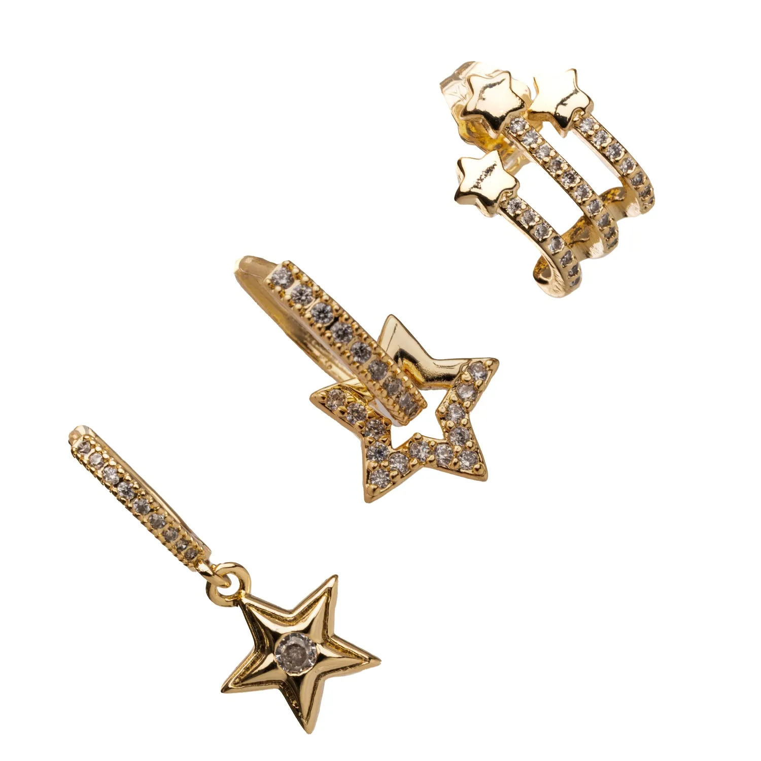 Trio Gold & Diamond Sparkly Star Earrings