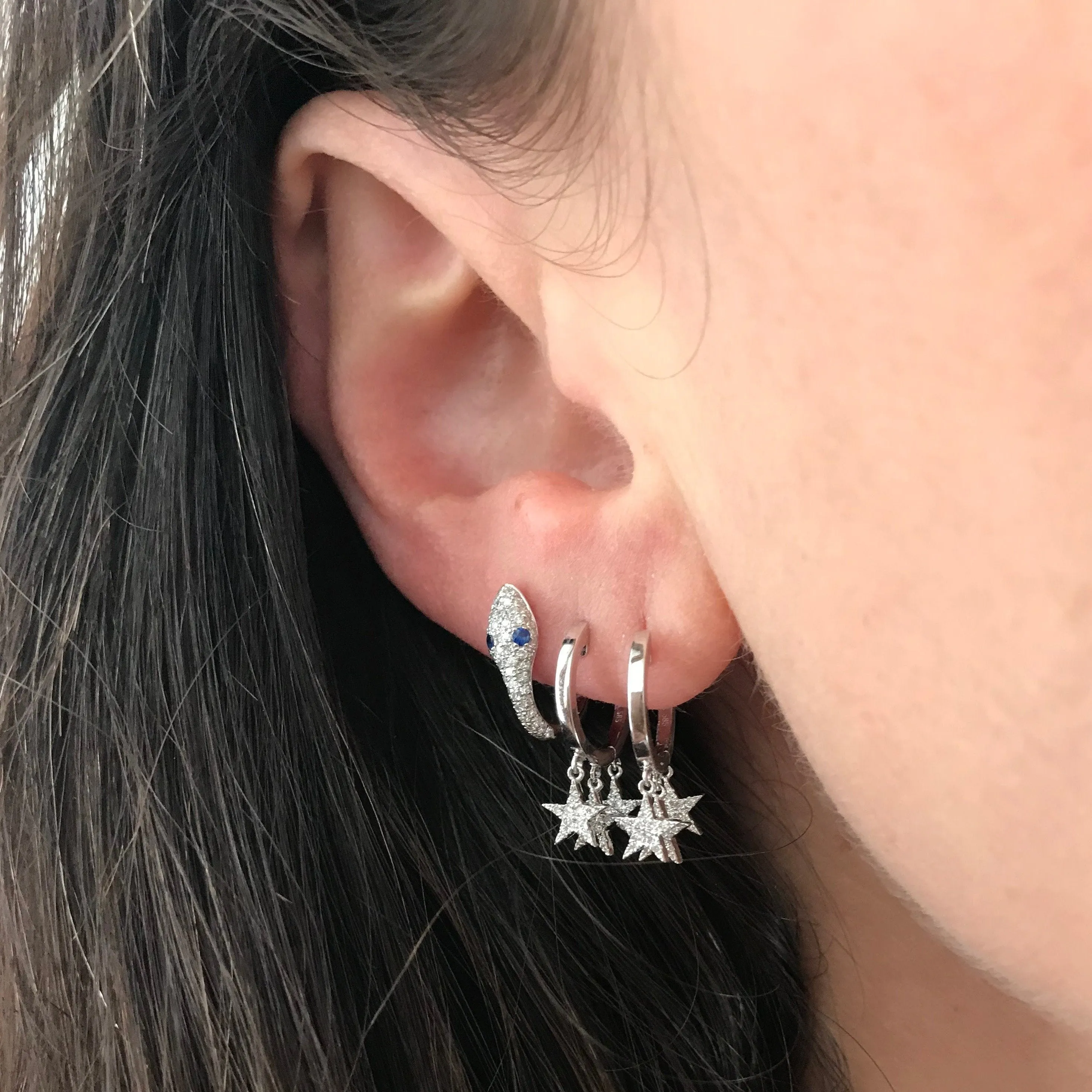 Triple Pave Diamond Star Drop Huggie Hoop Earrings