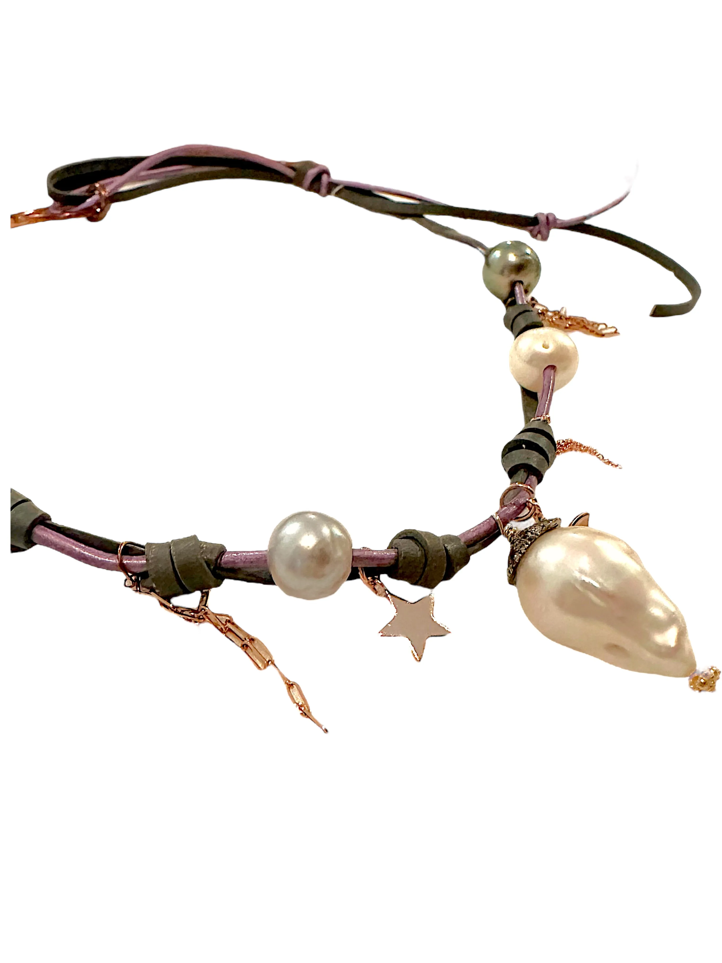 TROPICAL DUSK SKY PEARL DIAMOND SPARKLING ROSE GOLD LUCKY CHARM CHAIN ROCKSTAR NECKLACE