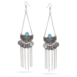 TURQUOISE SILVER COINS TASSEL EARRINGS #SQ321-163013