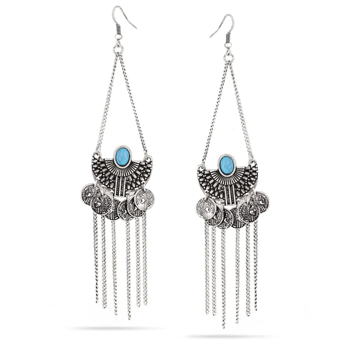 TURQUOISE SILVER COINS TASSEL EARRINGS #SQ321-163013