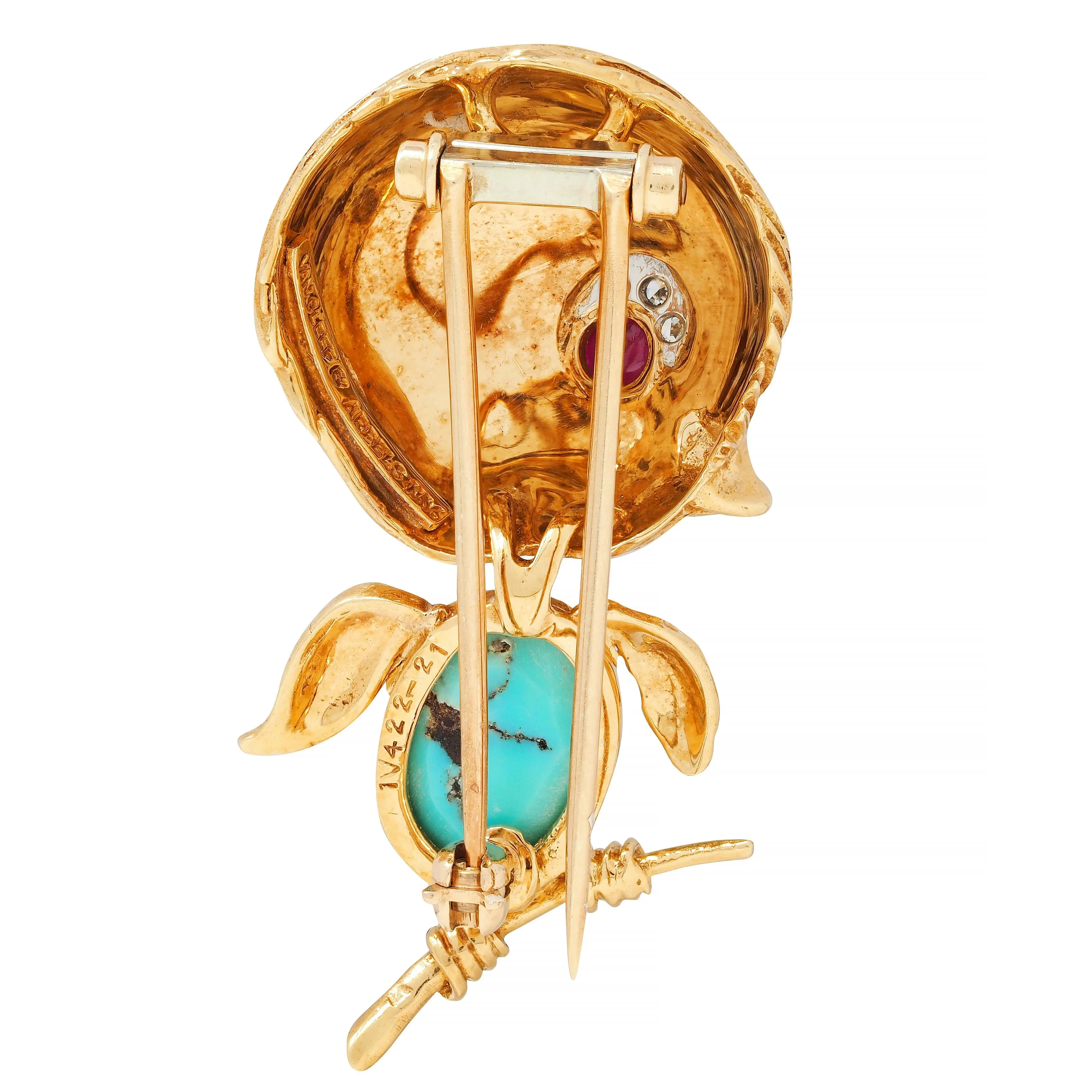 Van Cleef & Arpels Diamond Turquoise Platinum 18 Karat Gold Vintage Whimsical 1950s Bird Brooch