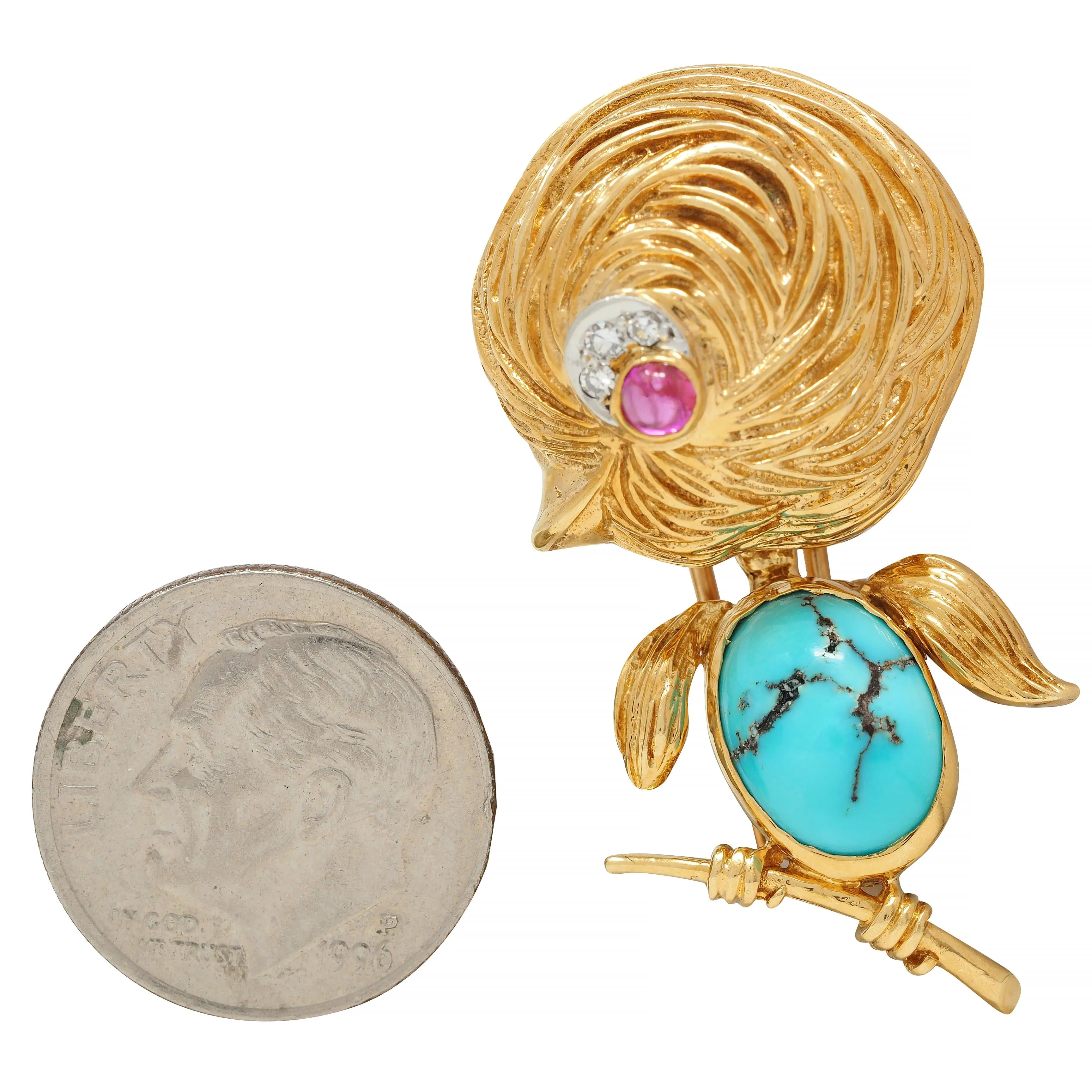 Van Cleef & Arpels Diamond Turquoise Platinum 18 Karat Gold Vintage Whimsical 1950s Bird Brooch