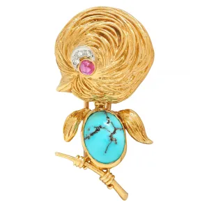 Van Cleef & Arpels Diamond Turquoise Platinum 18 Karat Gold Vintage Whimsical 1950s Bird Brooch
