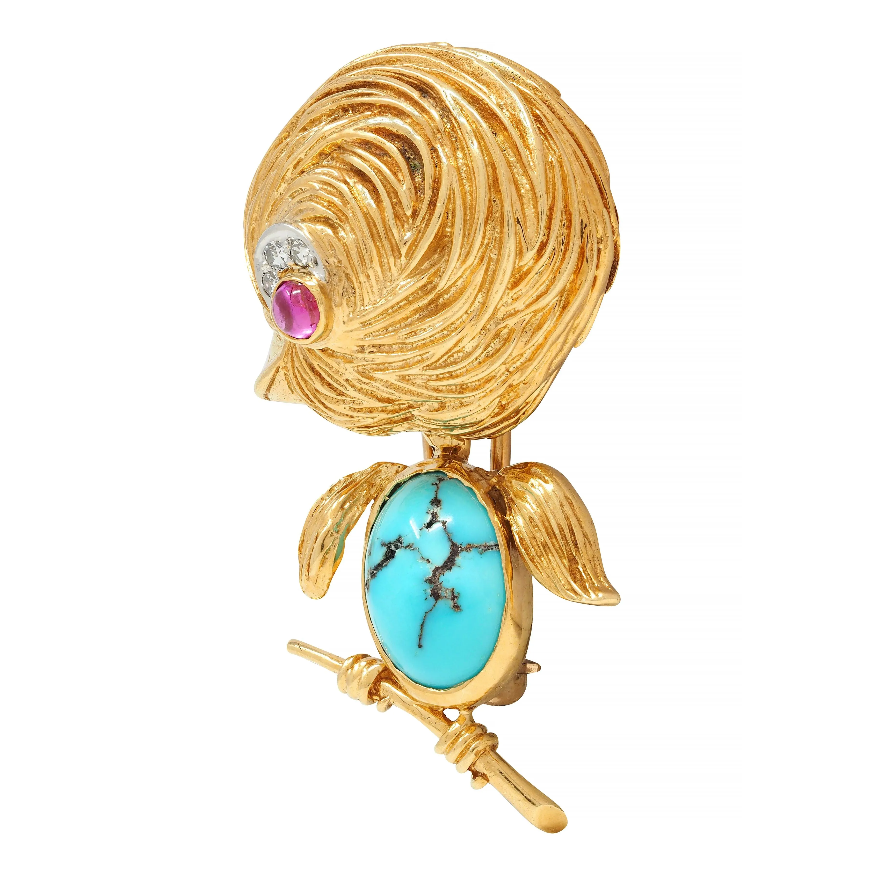 Van Cleef & Arpels Diamond Turquoise Platinum 18 Karat Gold Vintage Whimsical 1950s Bird Brooch