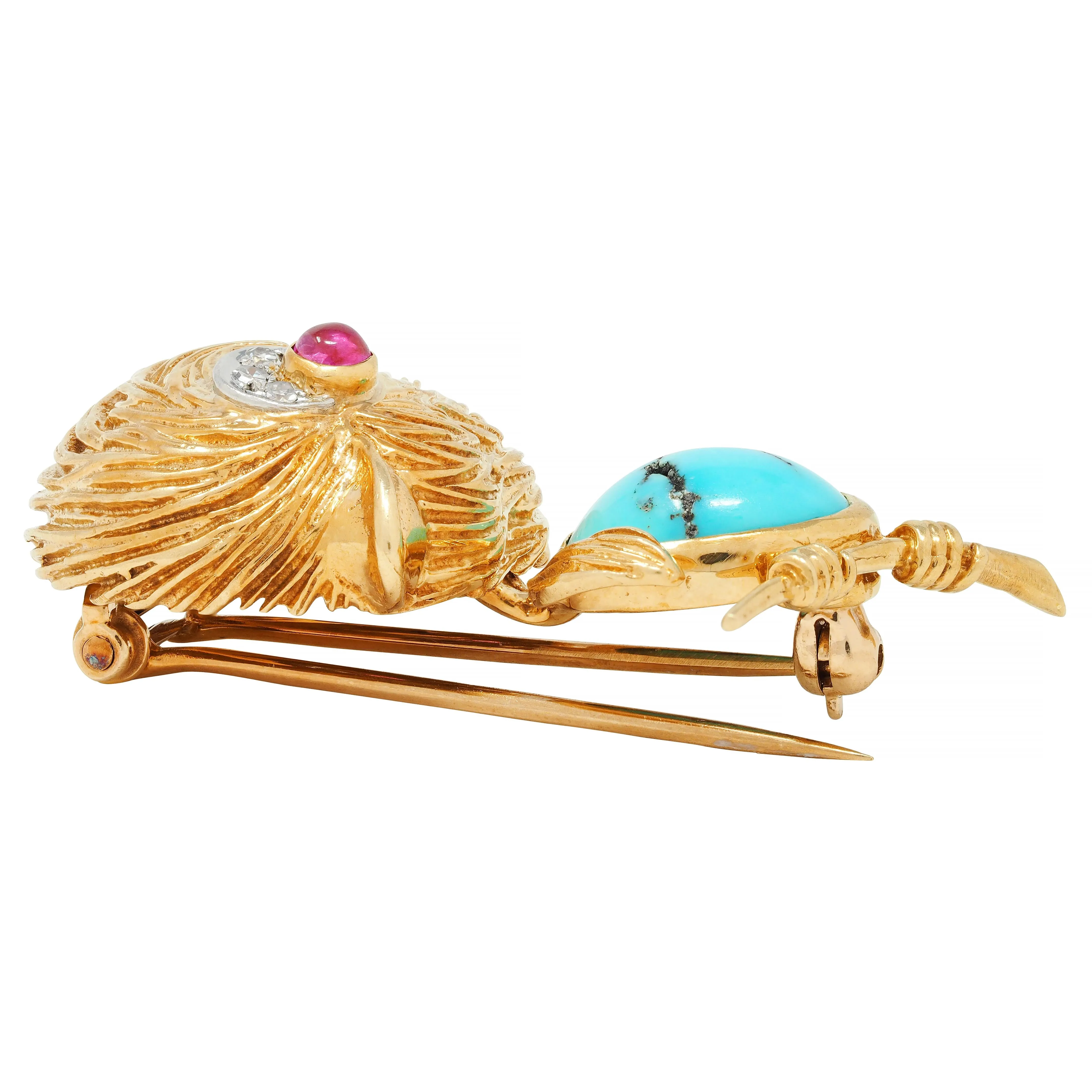 Van Cleef & Arpels Diamond Turquoise Platinum 18 Karat Gold Vintage Whimsical 1950s Bird Brooch