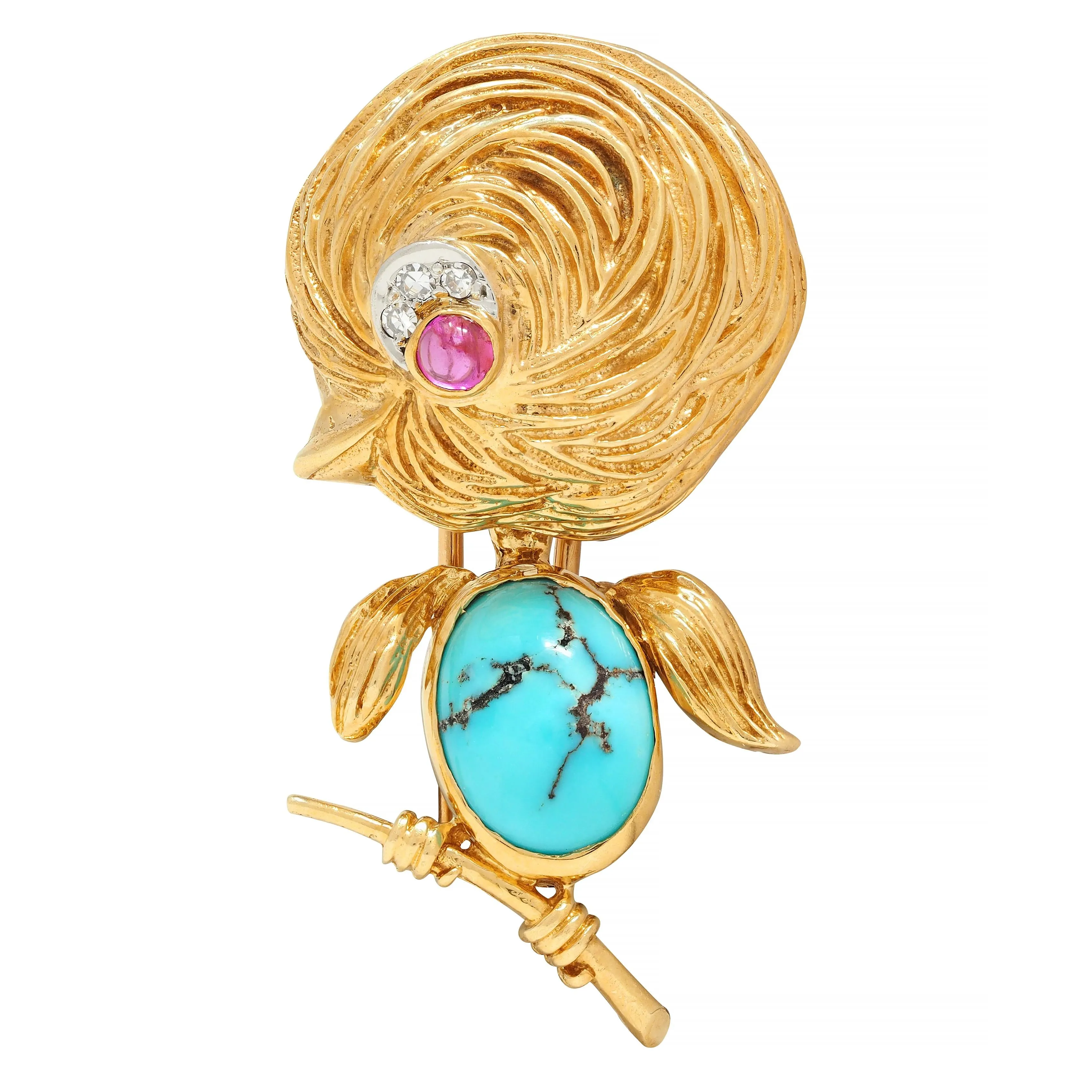 Van Cleef & Arpels Diamond Turquoise Platinum 18 Karat Gold Vintage Whimsical 1950s Bird Brooch