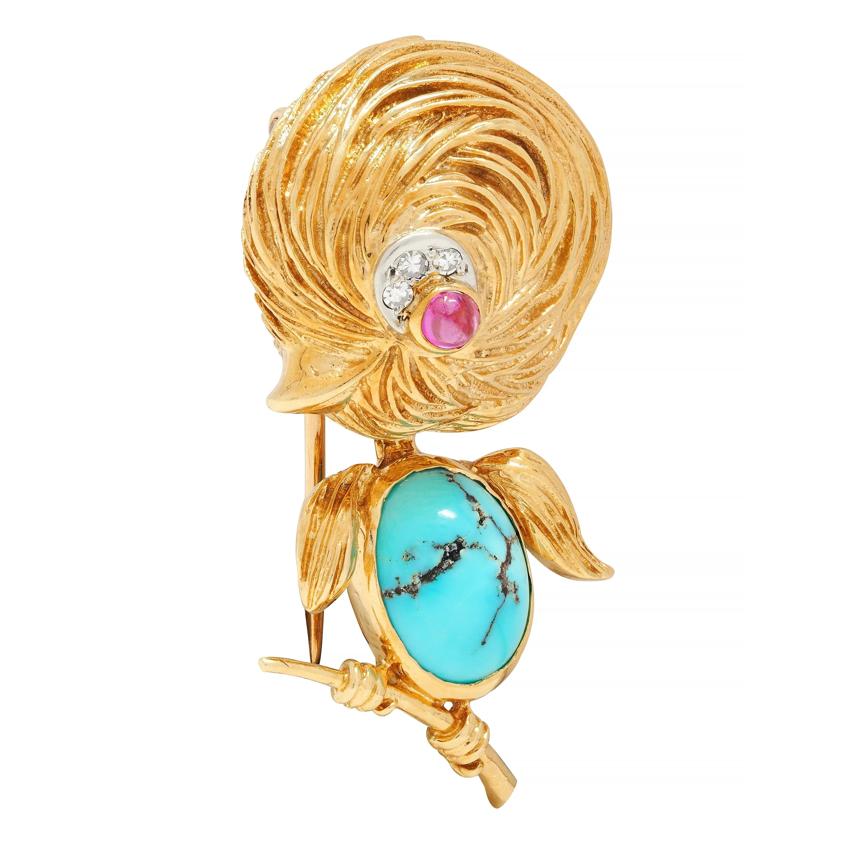 Van Cleef & Arpels Diamond Turquoise Platinum 18 Karat Gold Vintage Whimsical 1950s Bird Brooch