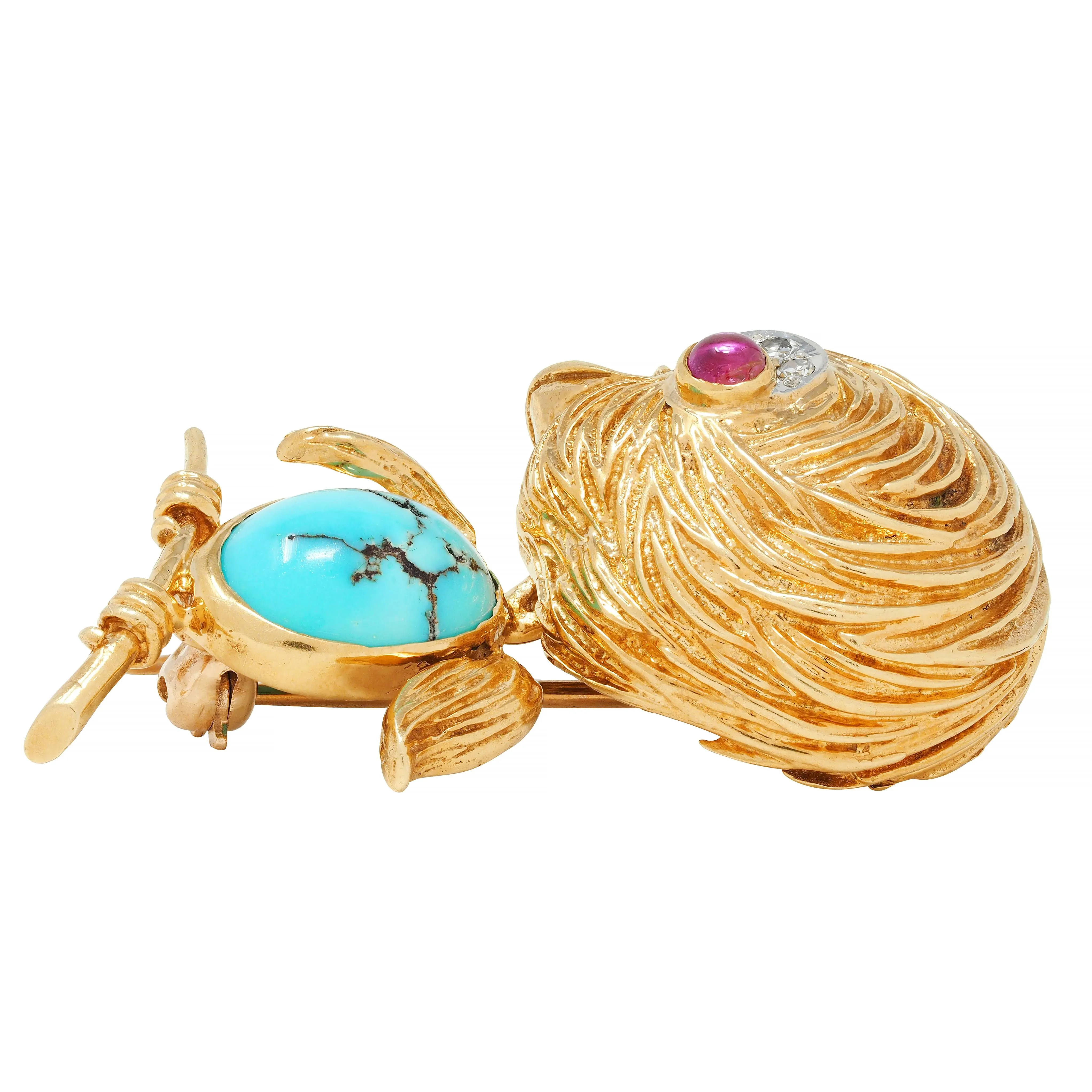 Van Cleef & Arpels Diamond Turquoise Platinum 18 Karat Gold Vintage Whimsical 1950s Bird Brooch