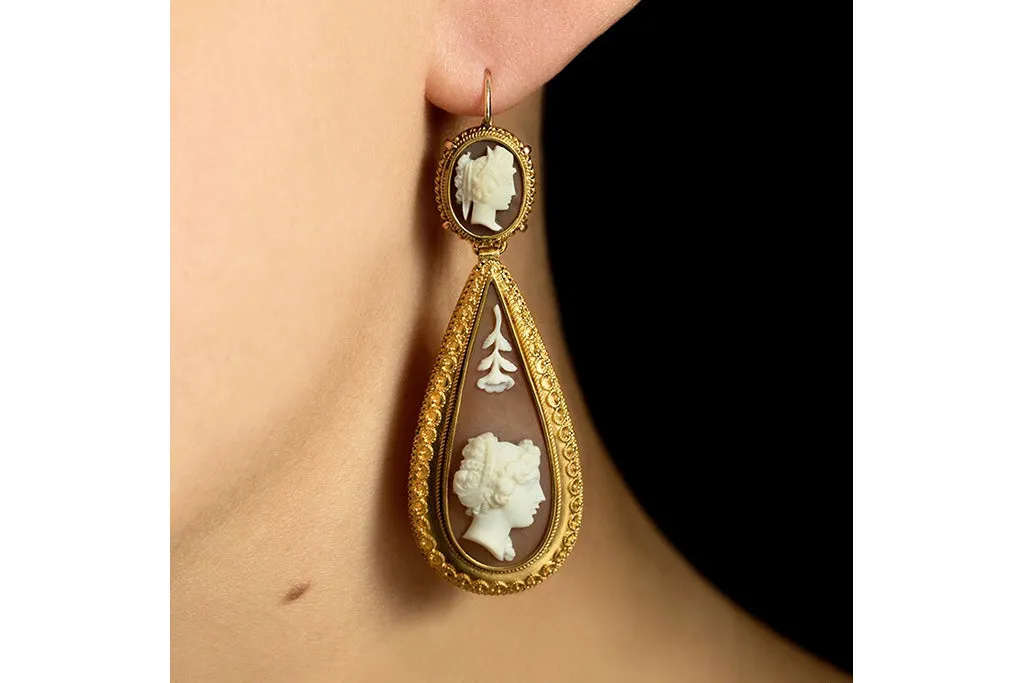 Victorian Etruscan Revival Cameo Drop Earrings