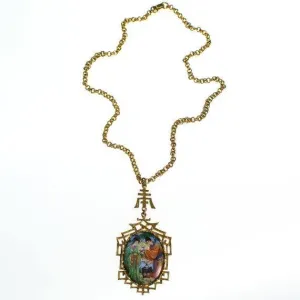 Vintage 1960s Asian Garden Scene Necklace with Geisha, Statement Necklace, Long Pendant