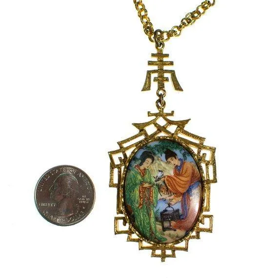 Vintage 1960s Asian Garden Scene Necklace with Geisha, Statement Necklace, Long Pendant