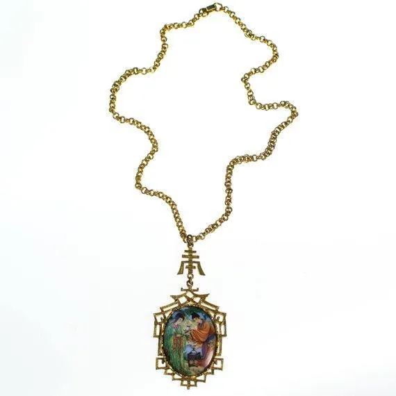 Vintage 1960s Asian Garden Scene Necklace with Geisha, Statement Necklace, Long Pendant