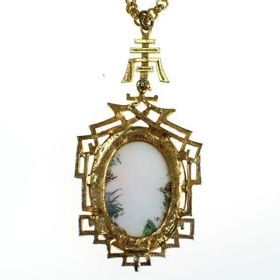 Vintage 1960s Asian Garden Scene Necklace with Geisha, Statement Necklace, Long Pendant